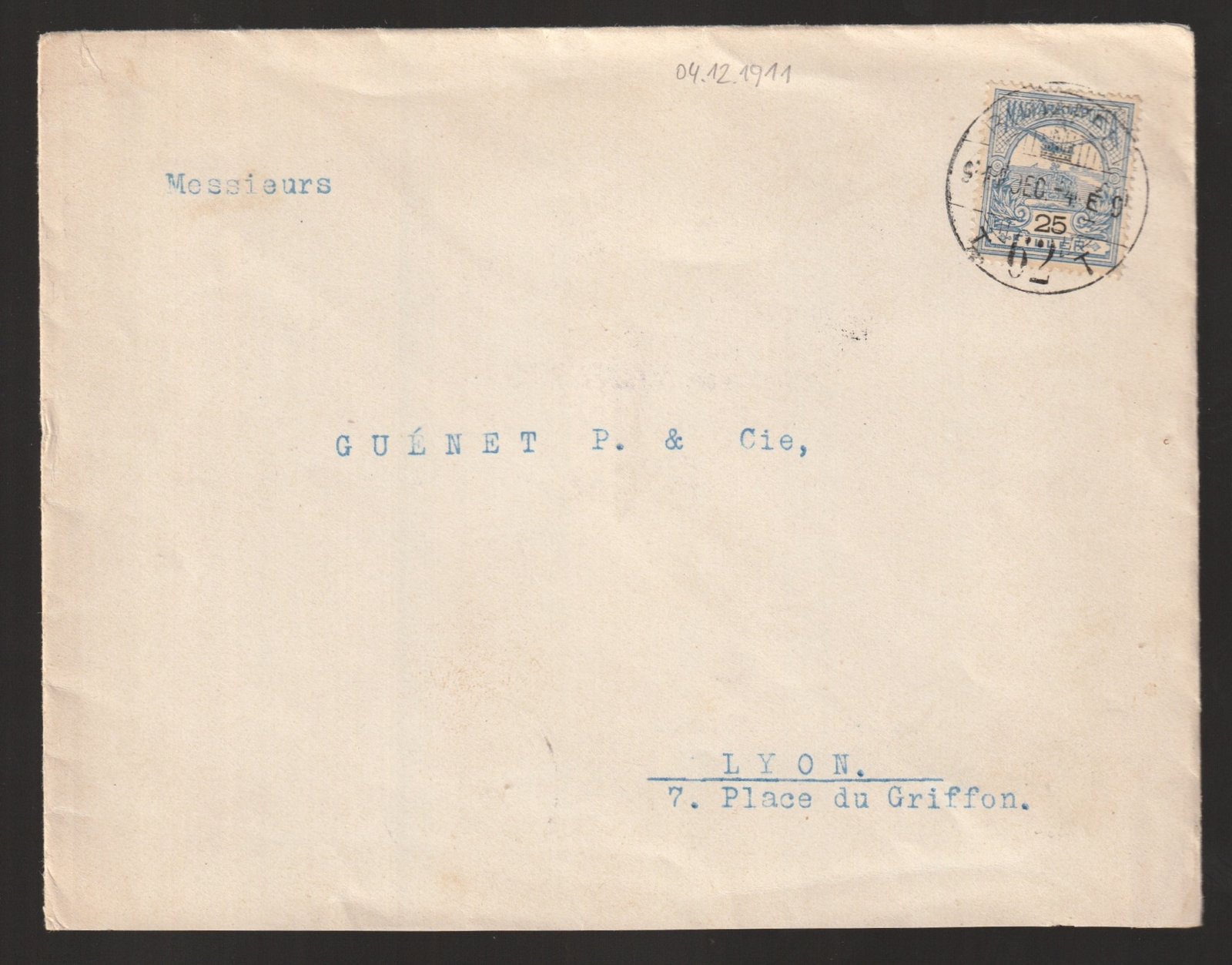 1911, Lyon (Franciaország)-ba feladott céges levél, a hajtókán levélnyitási sérüléssel