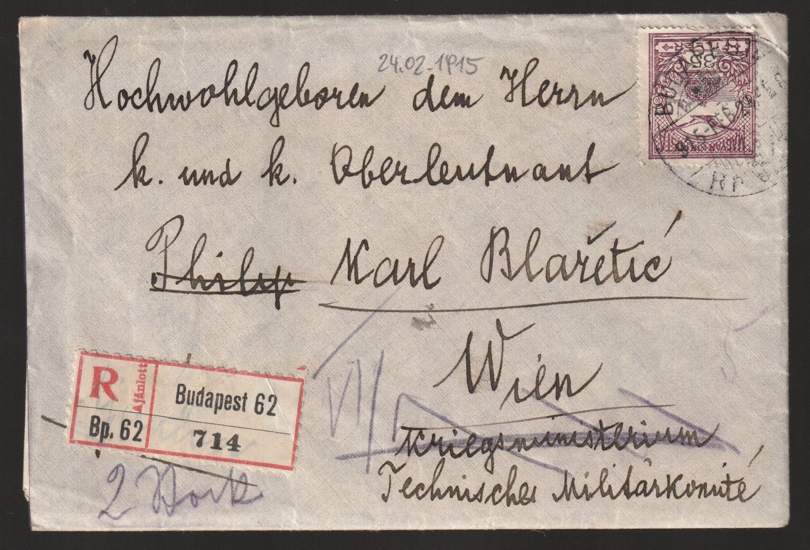 1915. Budapest, Bécsbe feladott ajánlott levél, teljes tartalommal!