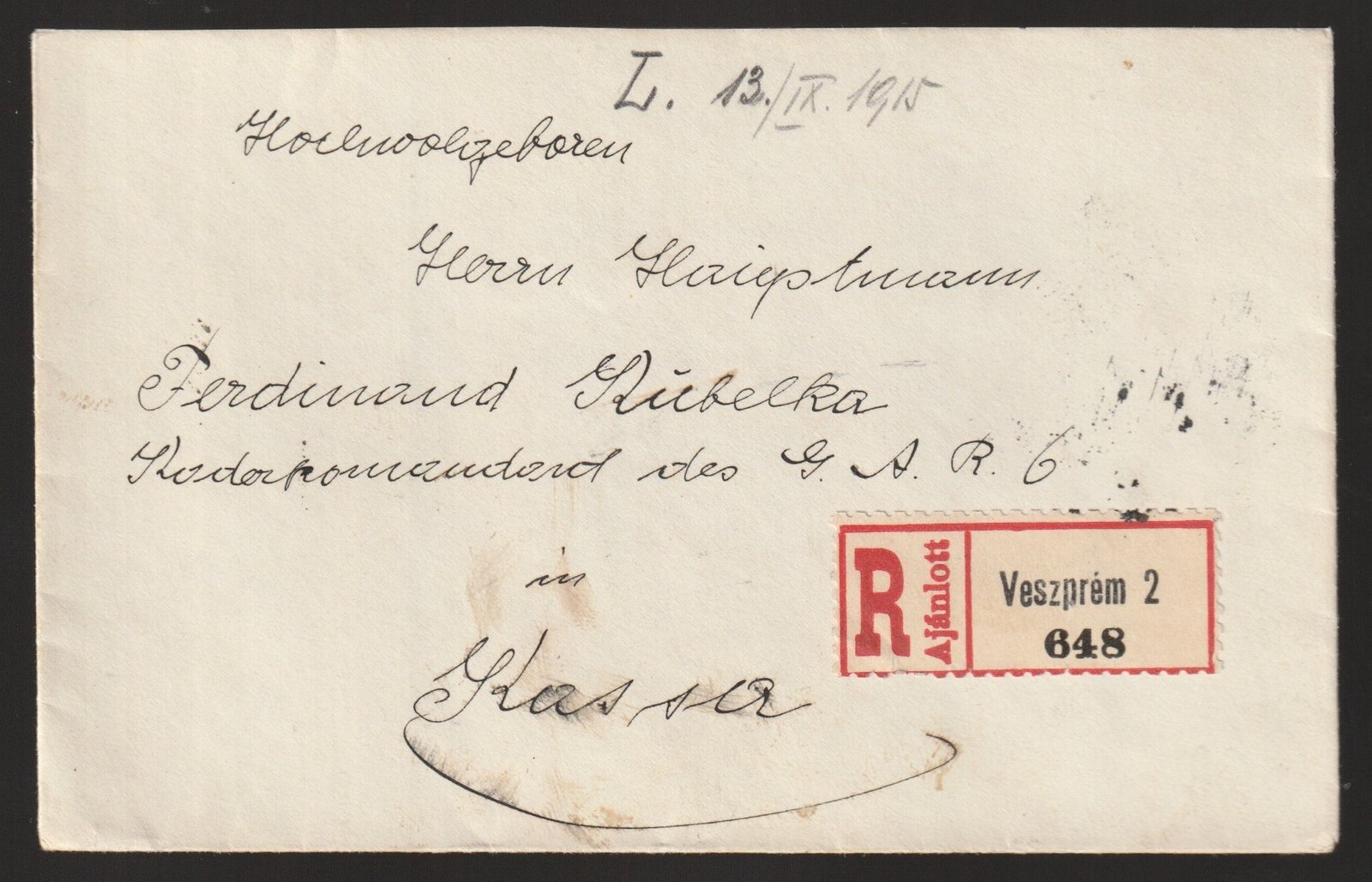 1915. Veszprém, Kassára feladott ajánlott levél - feláras Turulos vegyes bérmentesítéssel, így nagyon ritka!!!