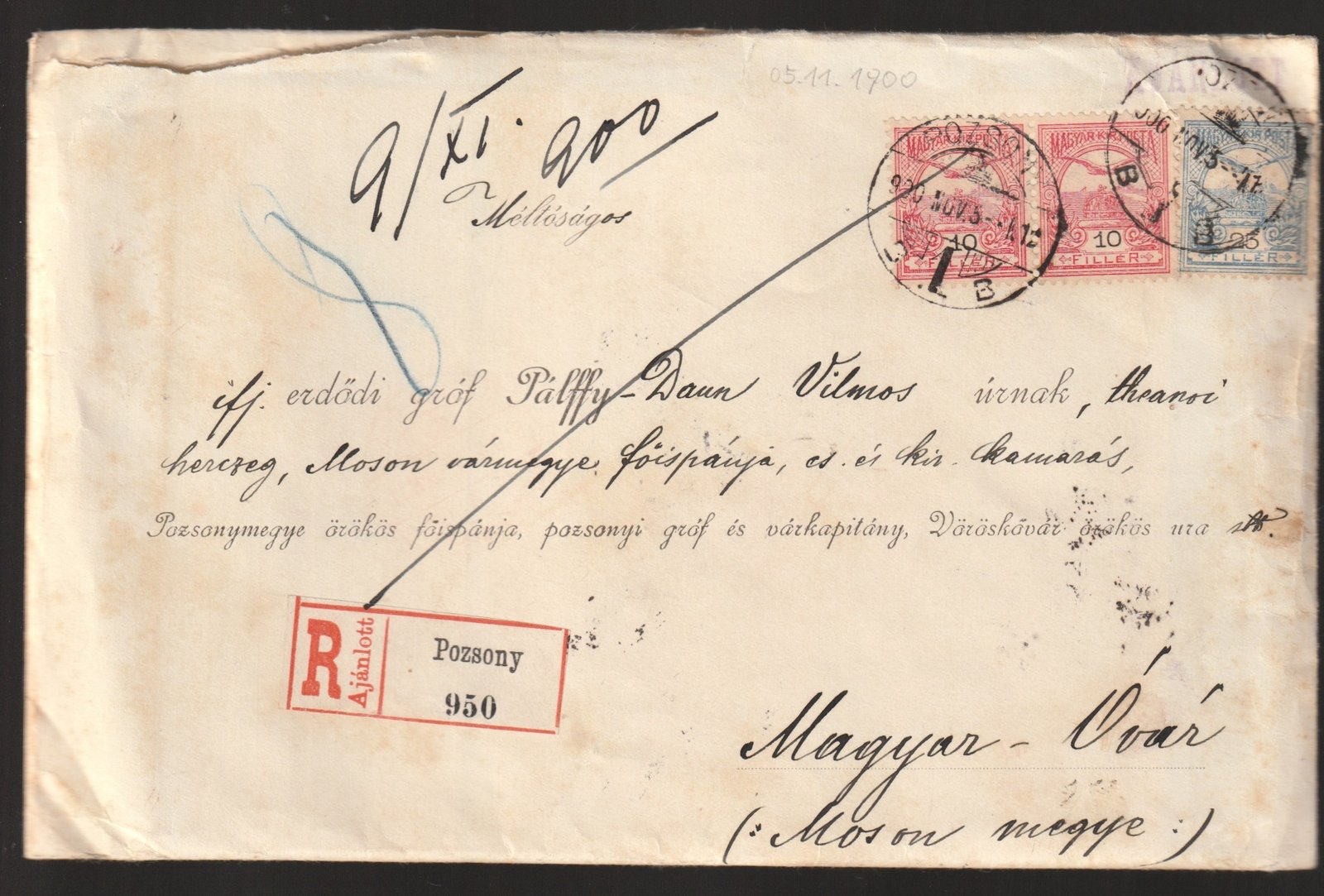 1900. Pozsony, Magyar-Óvár-ba feladott ajánlott levél – gróf Pálffy Jánosnak – teljes tartalommal!