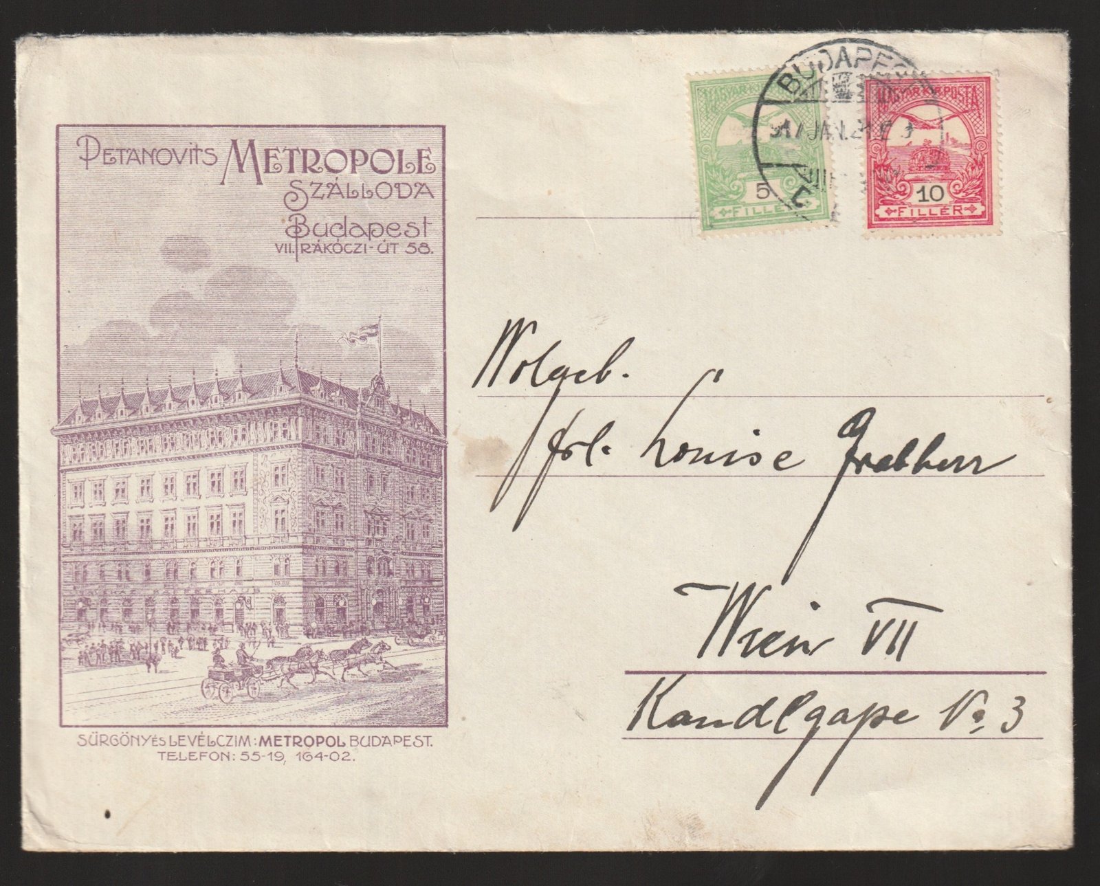 1917. Budapest, Bécsbe feladott levél - dekoratív Meropole Szállóda boríték