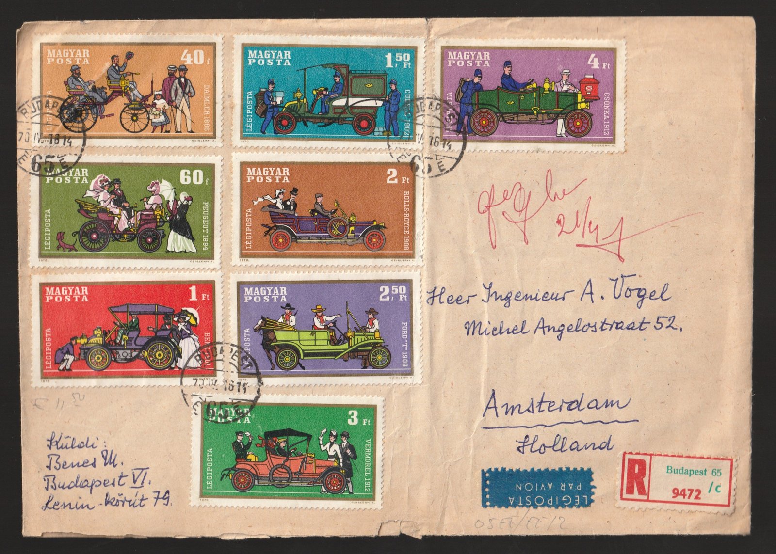 1970. Amsterdam (Hollandia)-ba feladott ajánlott légiposta levél