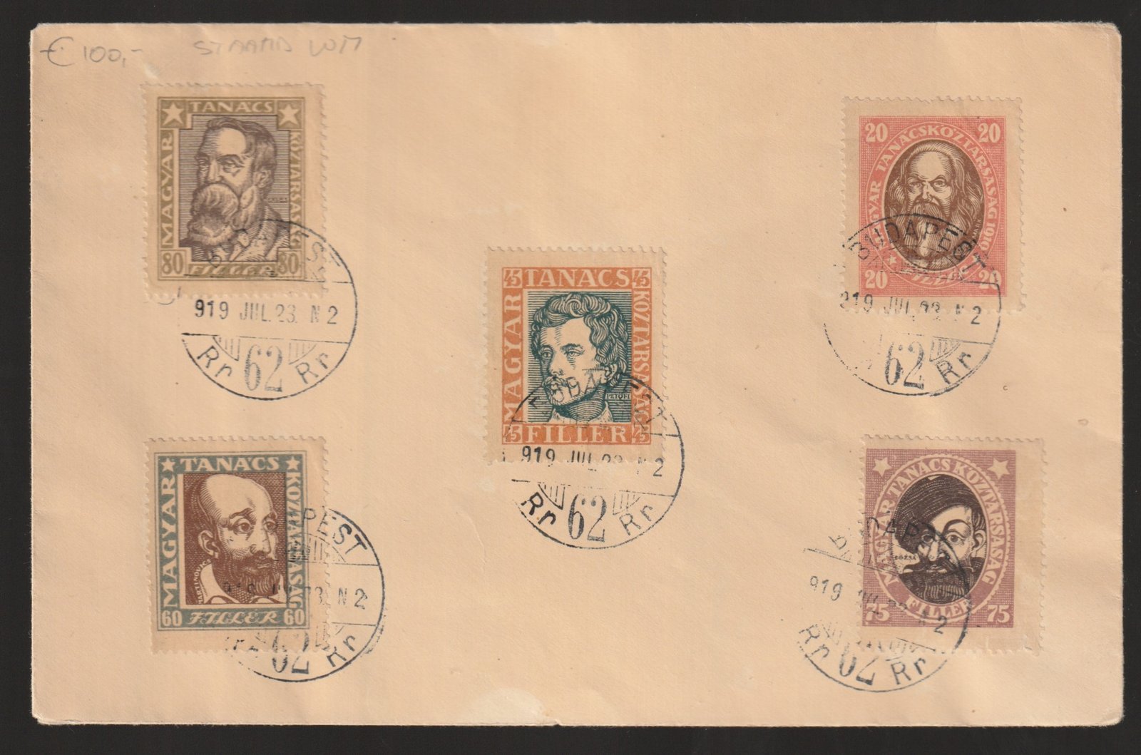 1919. Tanácsköztársaság arcképei sor borítékon