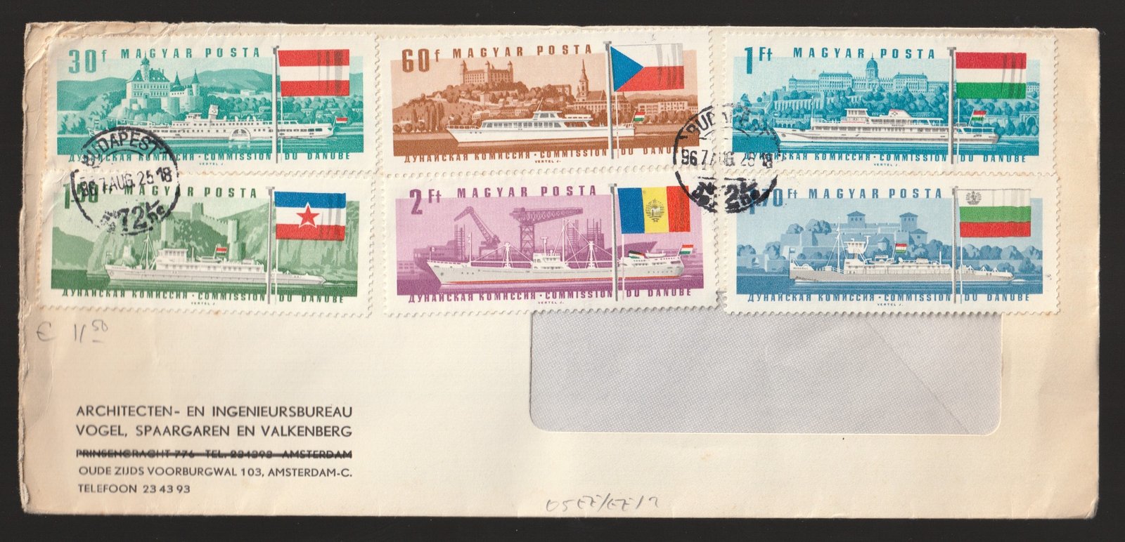 1967. külföldre feladott ablakos boríték Duna hajós bélyegekkel