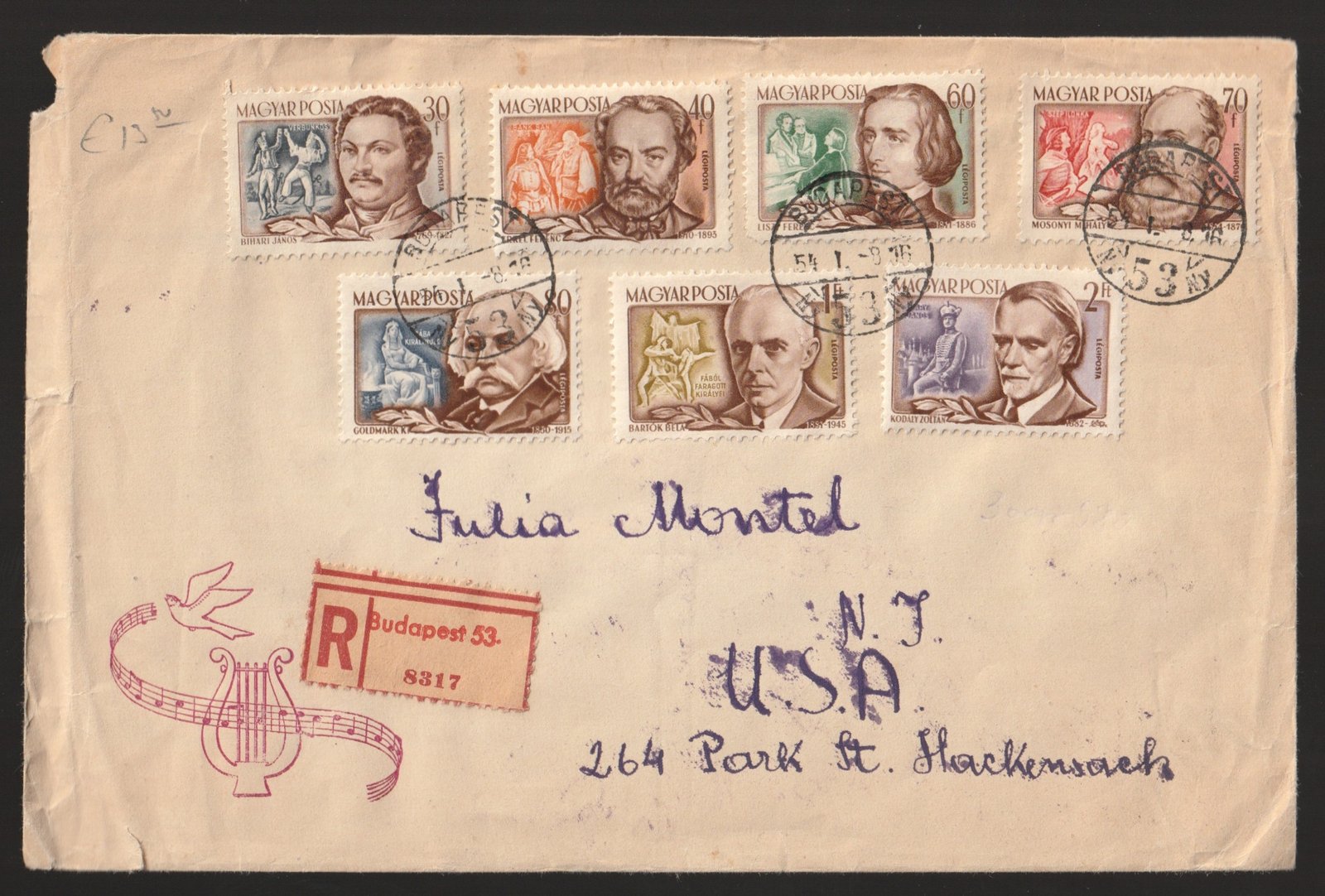 1954. USA-ba feladott Zeneszerzők sor, hátoldalon hiányzó bélyegek