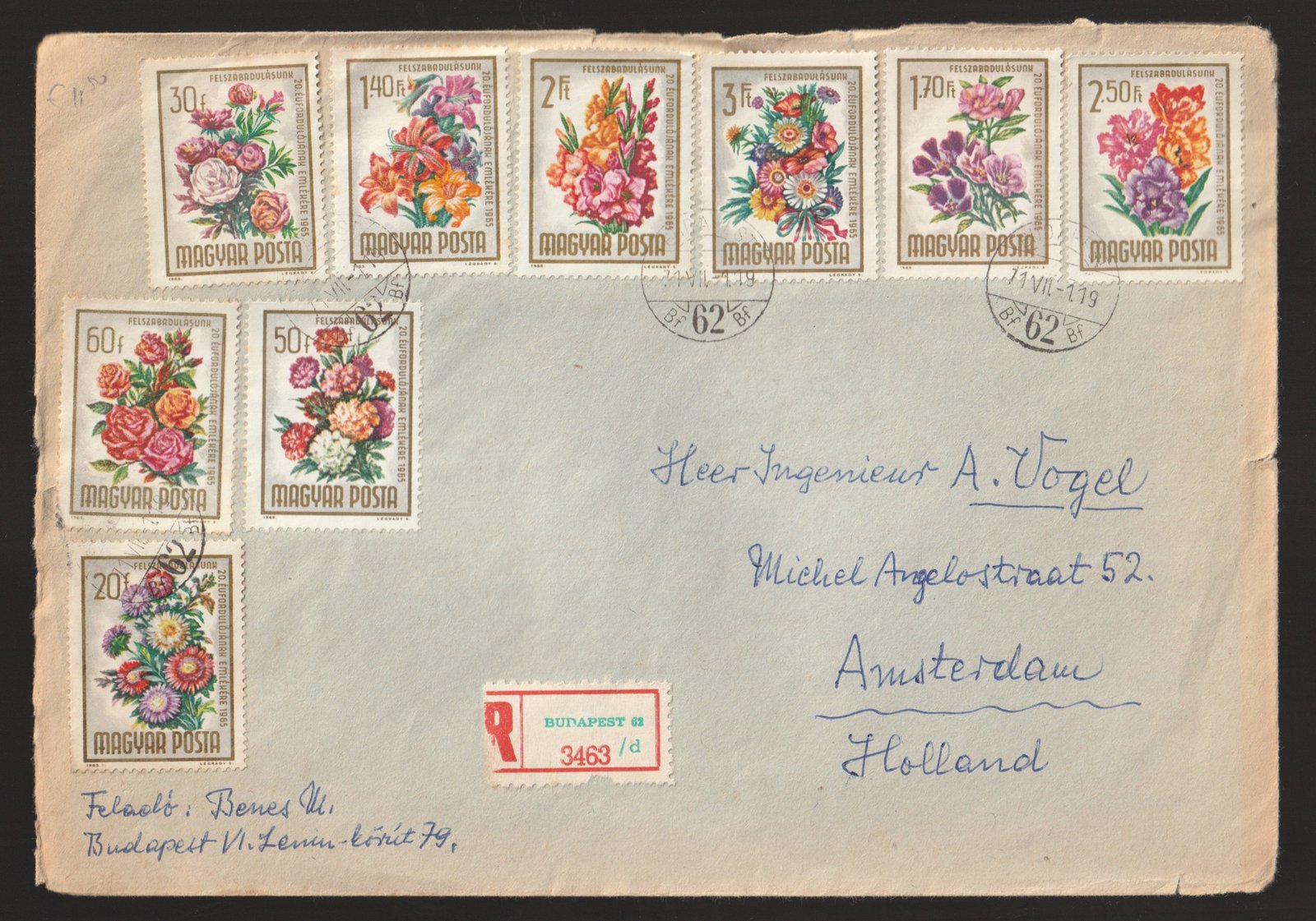 1971. Hollandiába feladott ajánlott levél - virágos bélyegekkel