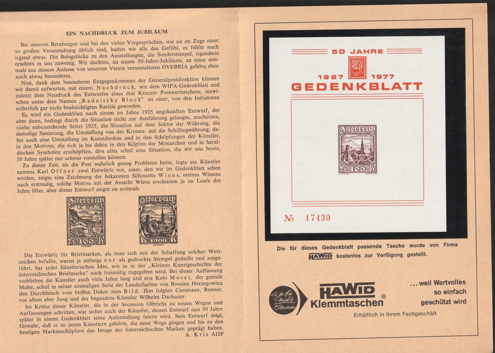 Osztrák Filatelista Egyesületek Szövetsége (ABSV) 50 éves fennállása, Emlékív -1925-ből származó, eredetileg nem használt bélyegtervet felhasználva