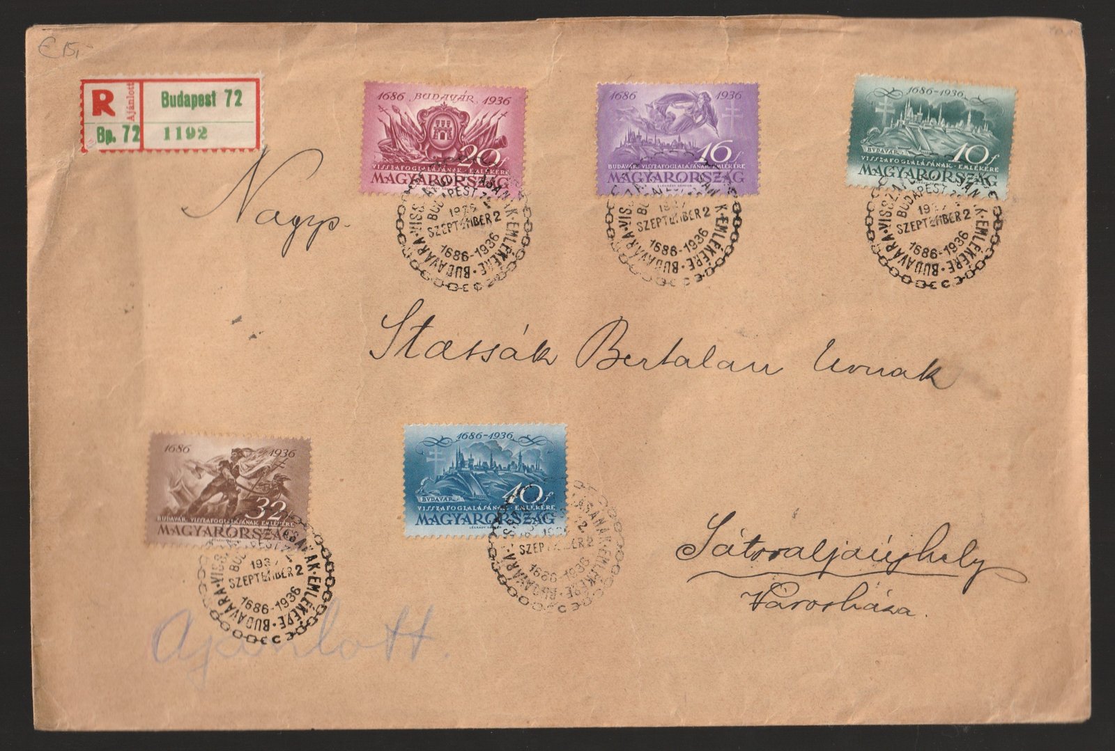 1936. Sátorajjaújhelyre feladott ajánlott levél Budavár sorral, alkalmi bélyegzéssel - hátoldalon levélzáró