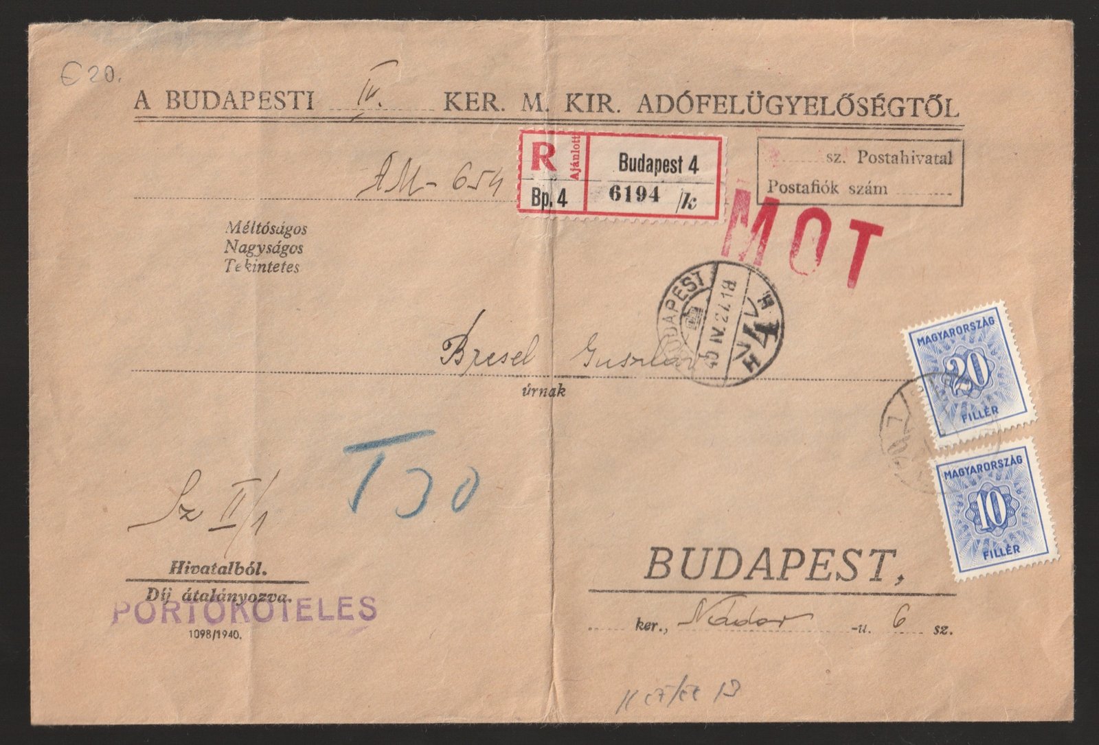 1940. Budapest, helyi portóköteles ajánlott levél