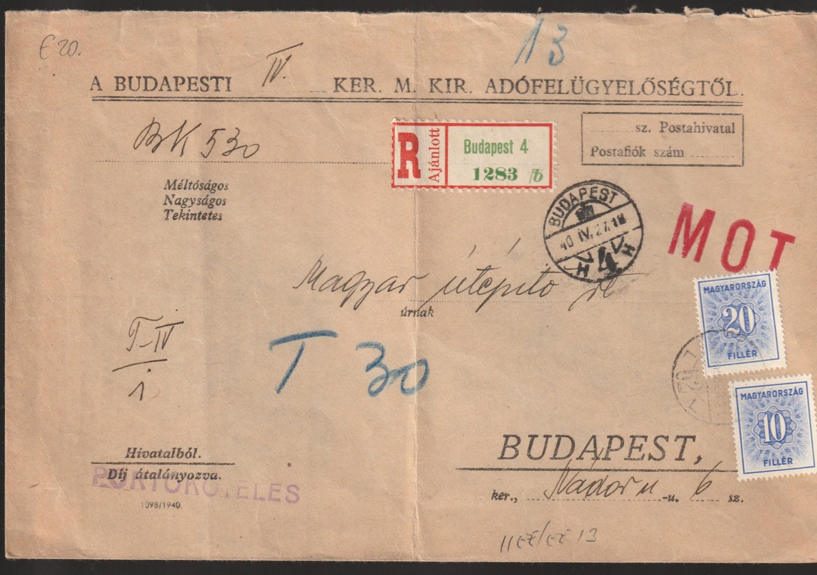 1940. Budapest, helyi portóköteles ajánlott levél