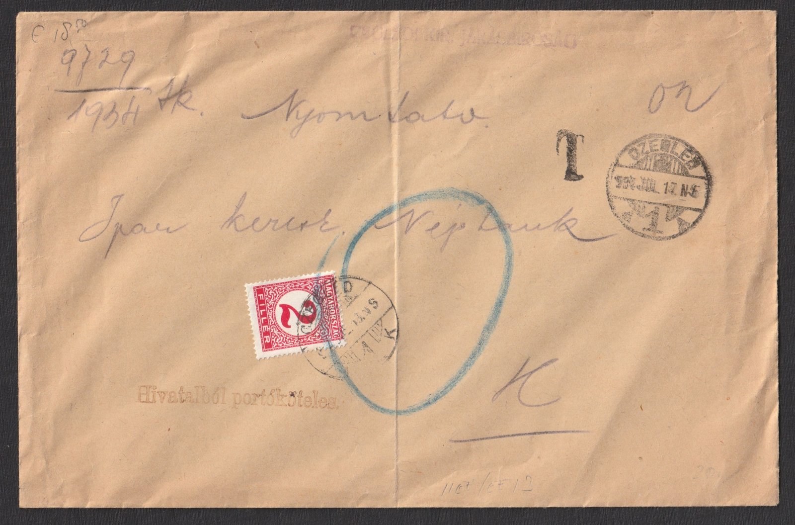 1941. Czegléd, helyi portóköteles nyomtatvány boríték - nagyon ritka küldemény típus