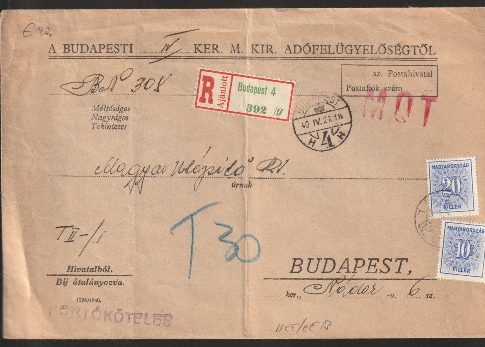 1940. Budapest, helyi portóköteles ajánlott levél