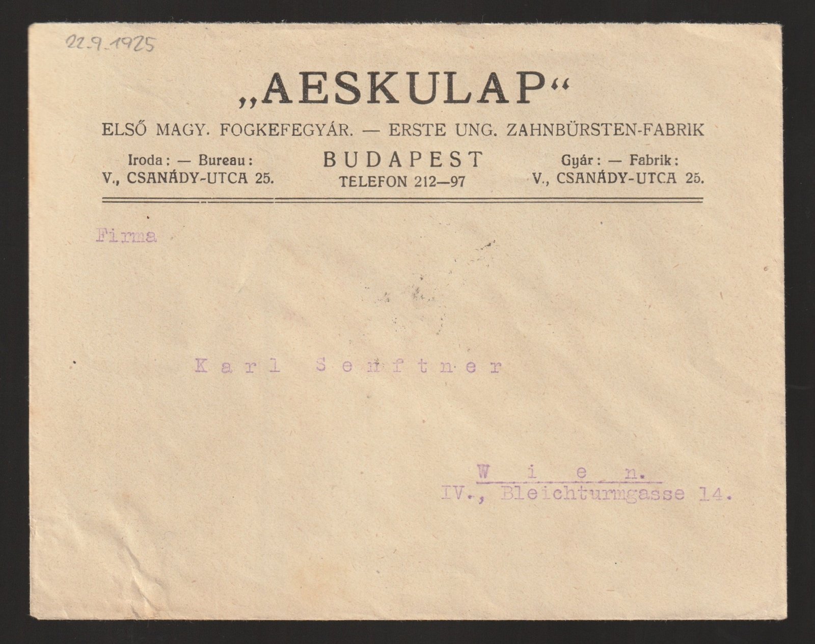 1925. (15. d.sz.) Ausztriába feladott céges levél