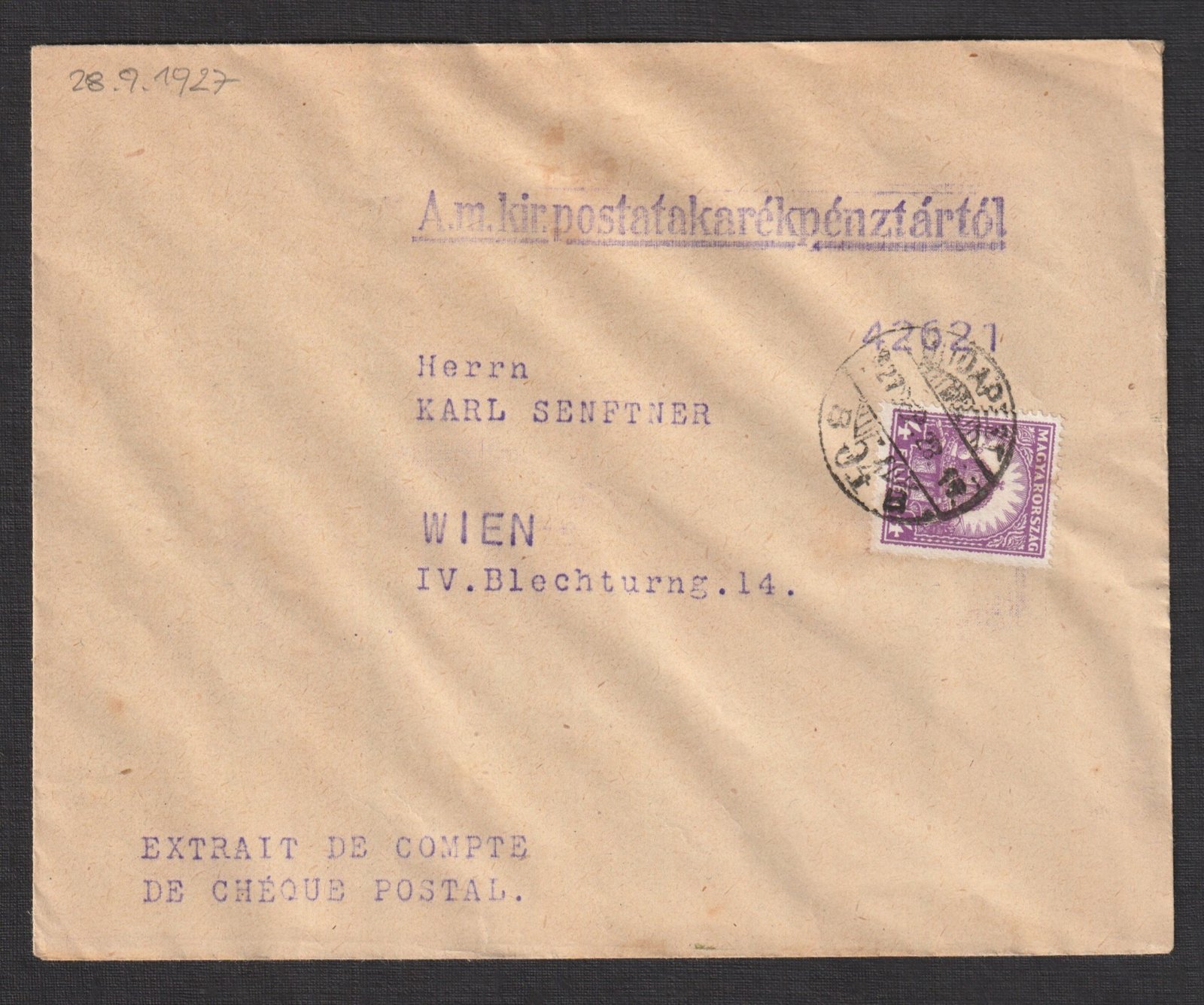1927. Budapest, Bécsbe feladott nyomtatvány boríték