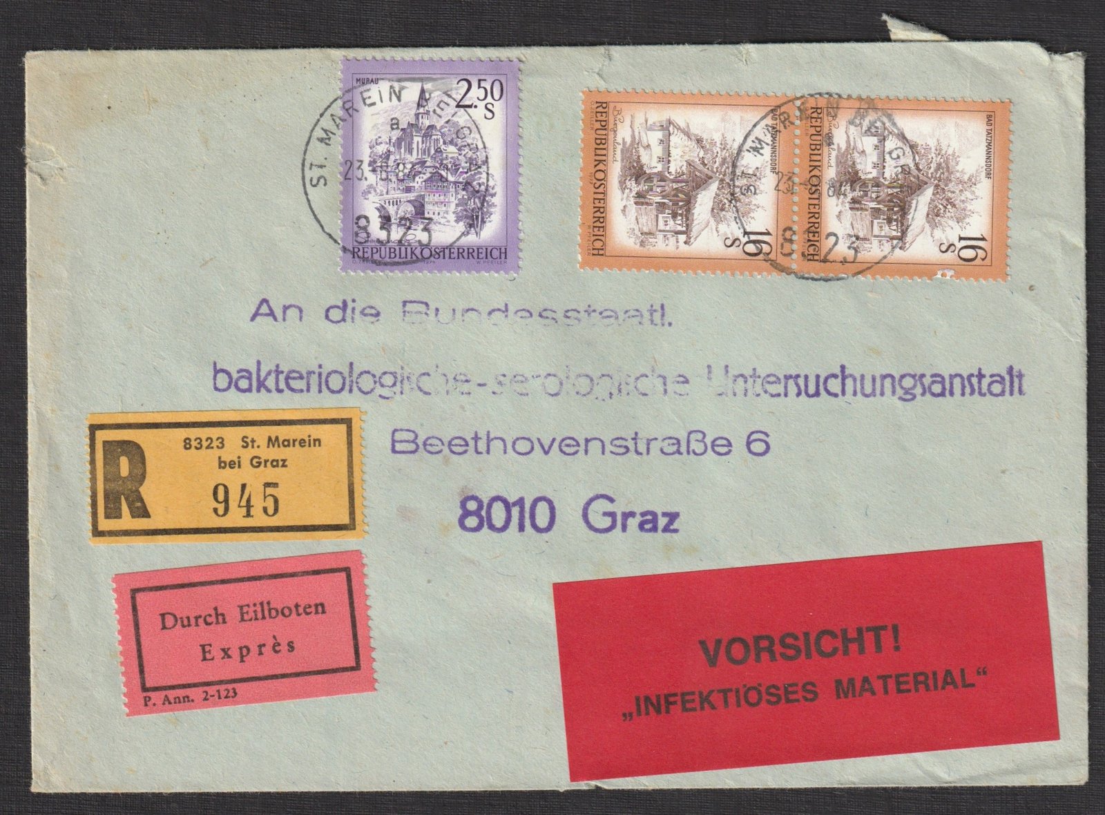 St. Barian bei Graz-ban feladott ajánlott, expressz küldemény „Vorsicht! Infektiöses Material” figyelmeztető címkével, állami bakteriológiai intézet részére. Teljes boríték, szabályos frankatúrával. Ritka, speciális biológiai tartalmú postai küldemény.