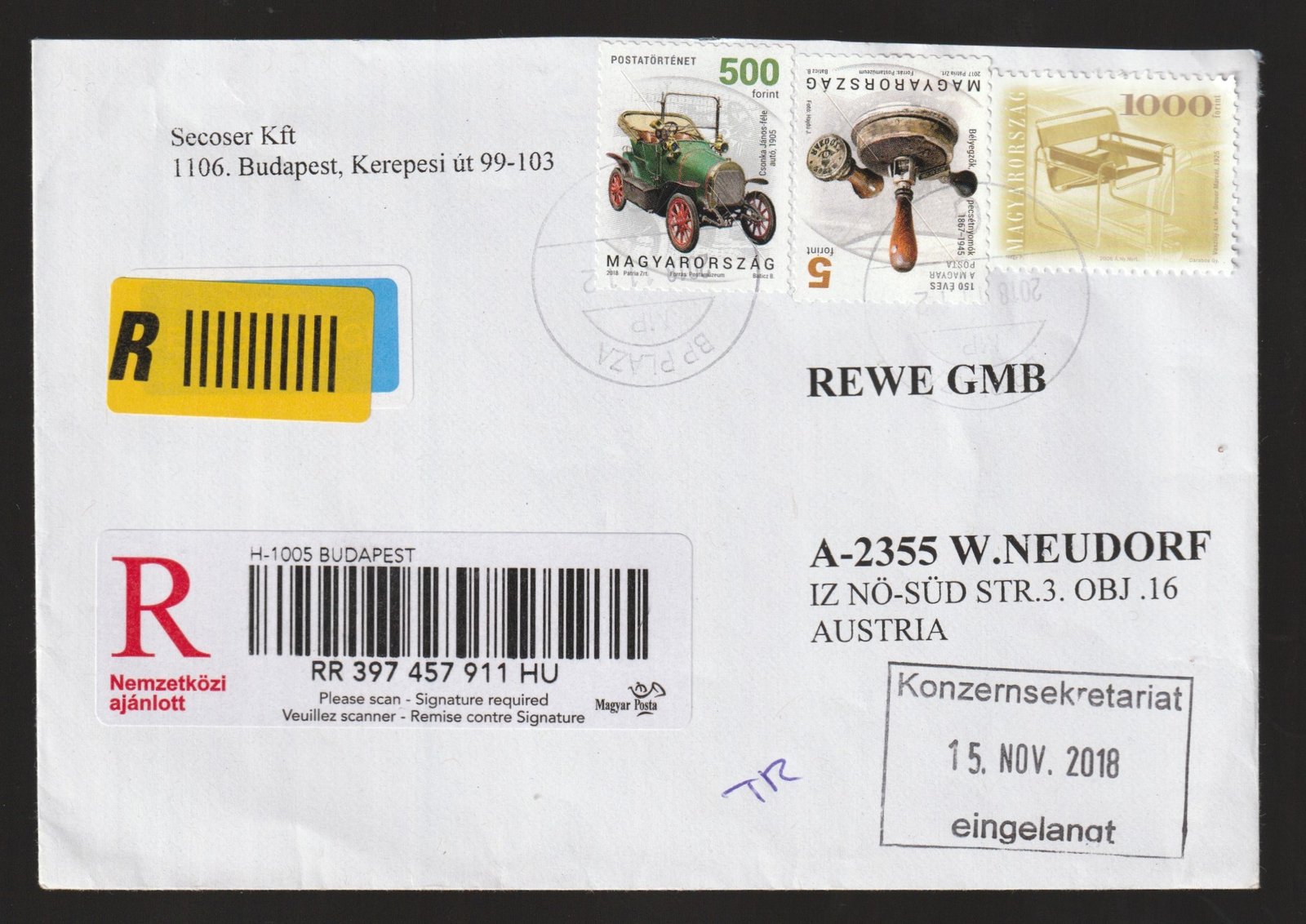 2018. Budapest, Ausztriába feladott nemzetközi ajánlott R-címkéve - bélyeges külföldre feladott küldemény igazi ritkaság :)