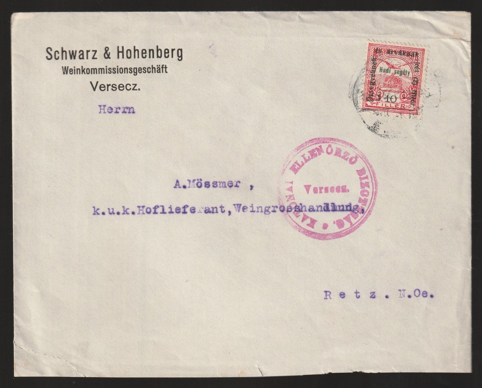 1915. Fehértemplom, Retz -be feladott cenzúrázott levél