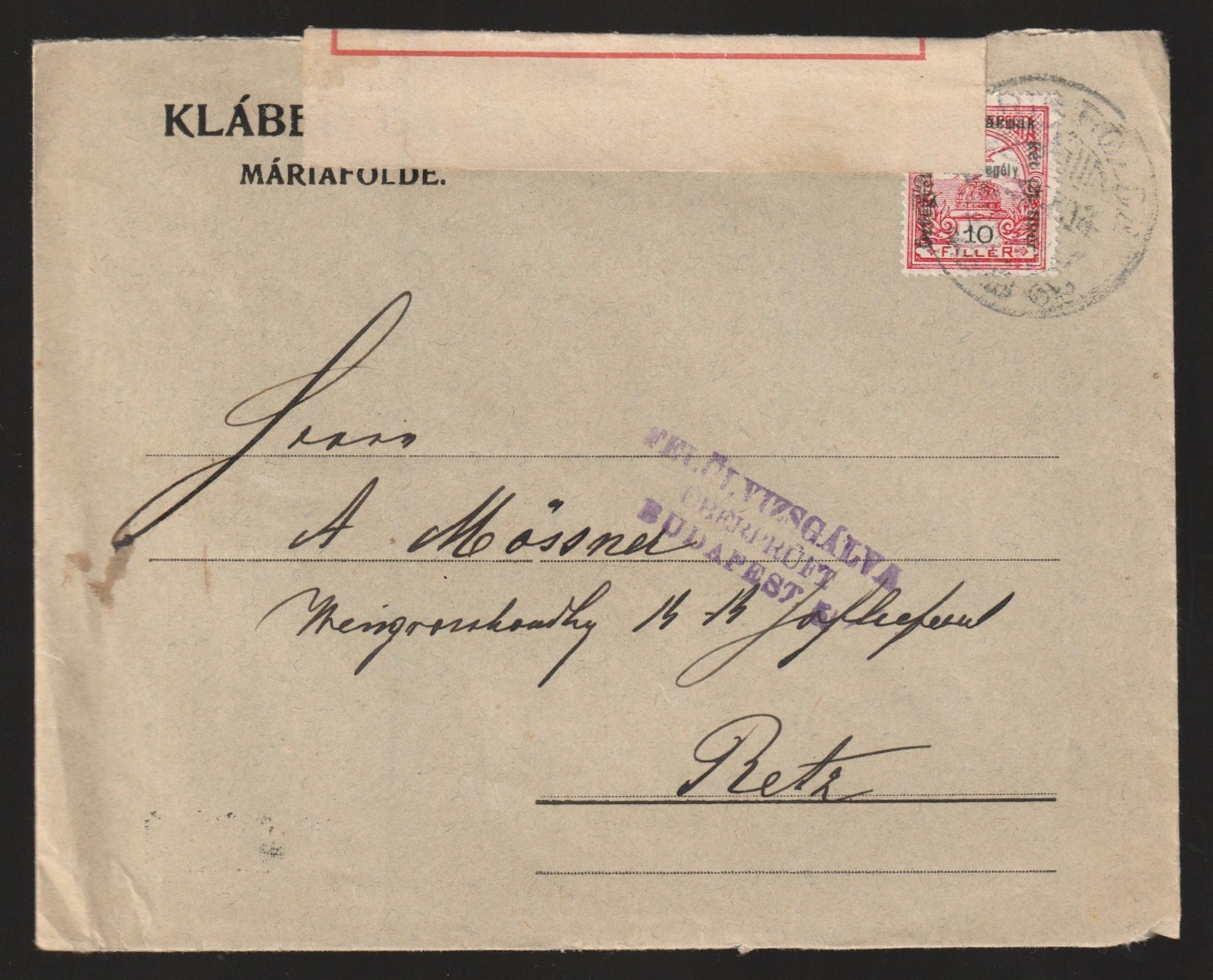 1915. Máriafölde, Retz -be feladott cenzúrázott levél