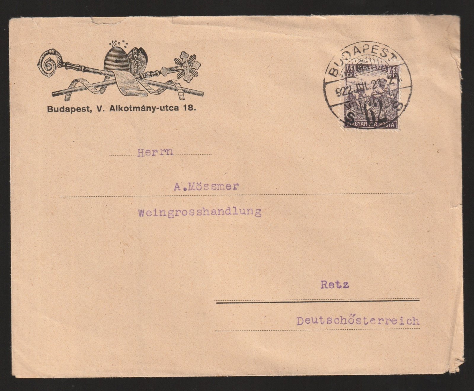 1922. (4. d. sz.) Budapest, Retz -be feladott levél - egyes bérmentesítéssel