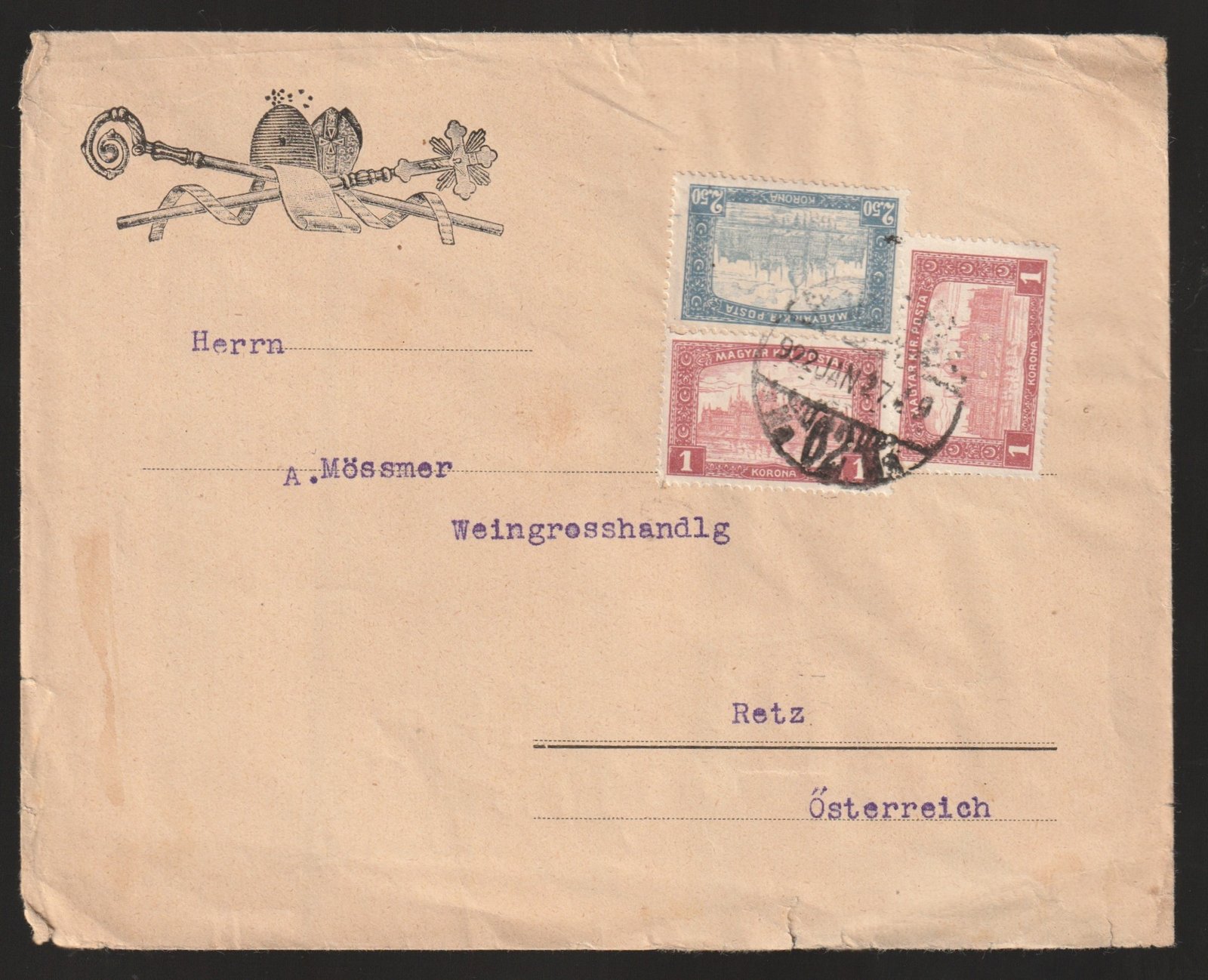 1922. (4. d. sz.) Budapest, Retz -be feladott levél – többes-színes bérmentesítéssel