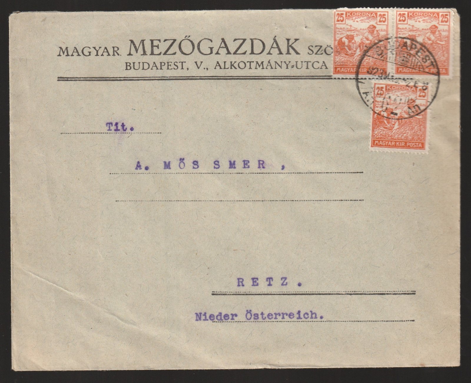 1923. (8. d.sz.) Budapest, Retz -be feladott levél – többes bérmentesítéssel