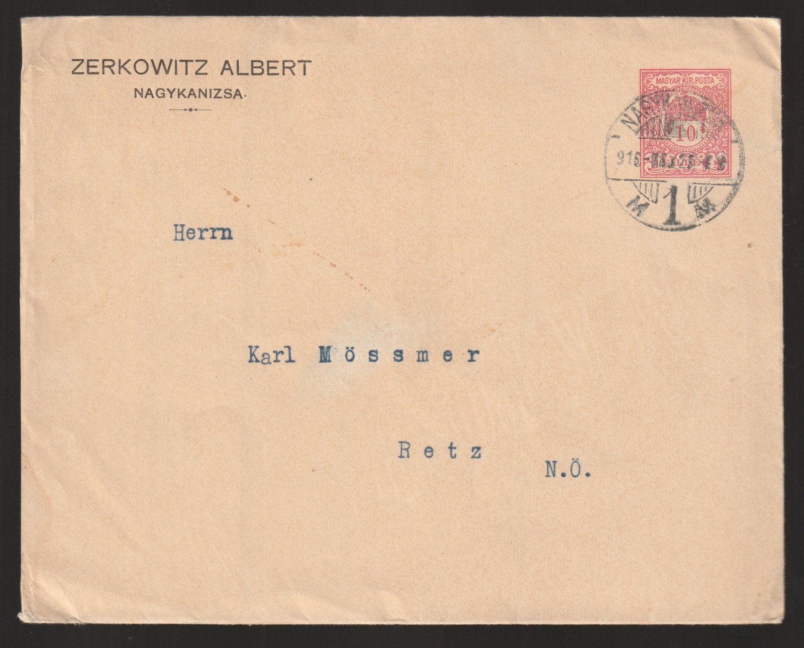 1916. Nagykanizsa, Retzbe feladott levél. 1900-as kiadású borítékVízjel: VIII. + számvízjellel (3,2 mm-es számjegy). Rendkívül ritka számvízjeles boríték. /R/
