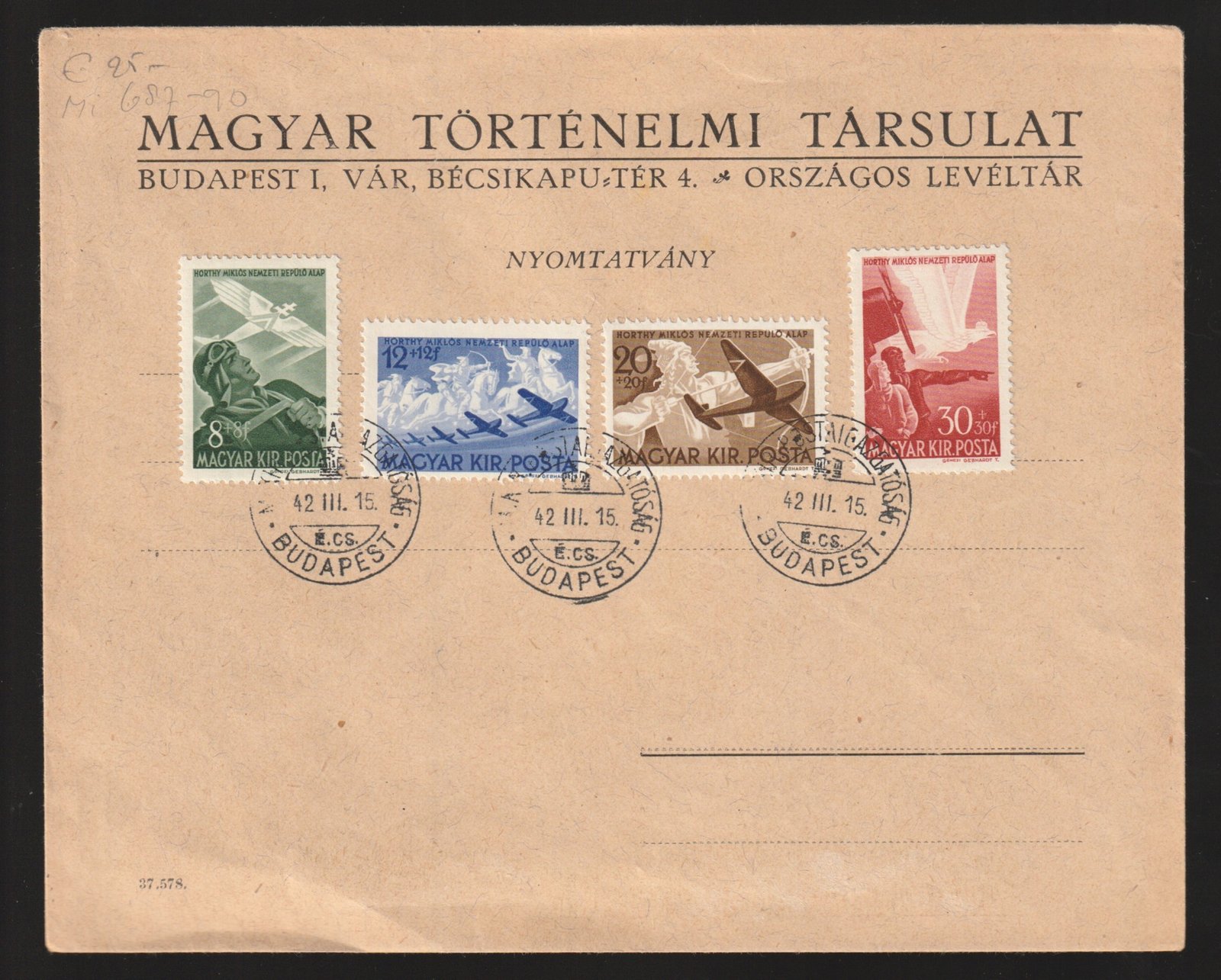 1942. Repülőalap sor, POSTA IGAZGATÓSÁG/BUDAPEST 1942. III. 15 -  elsőnap bélyegzéssel (FDC)