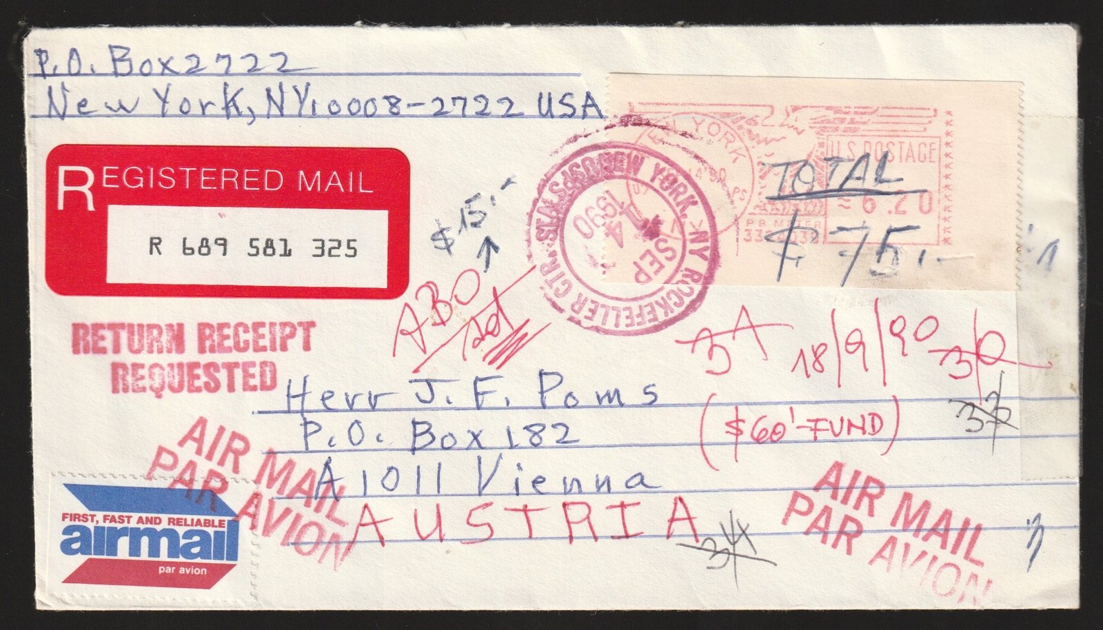 1990. USA, Ausztriába feladott légiposta levél