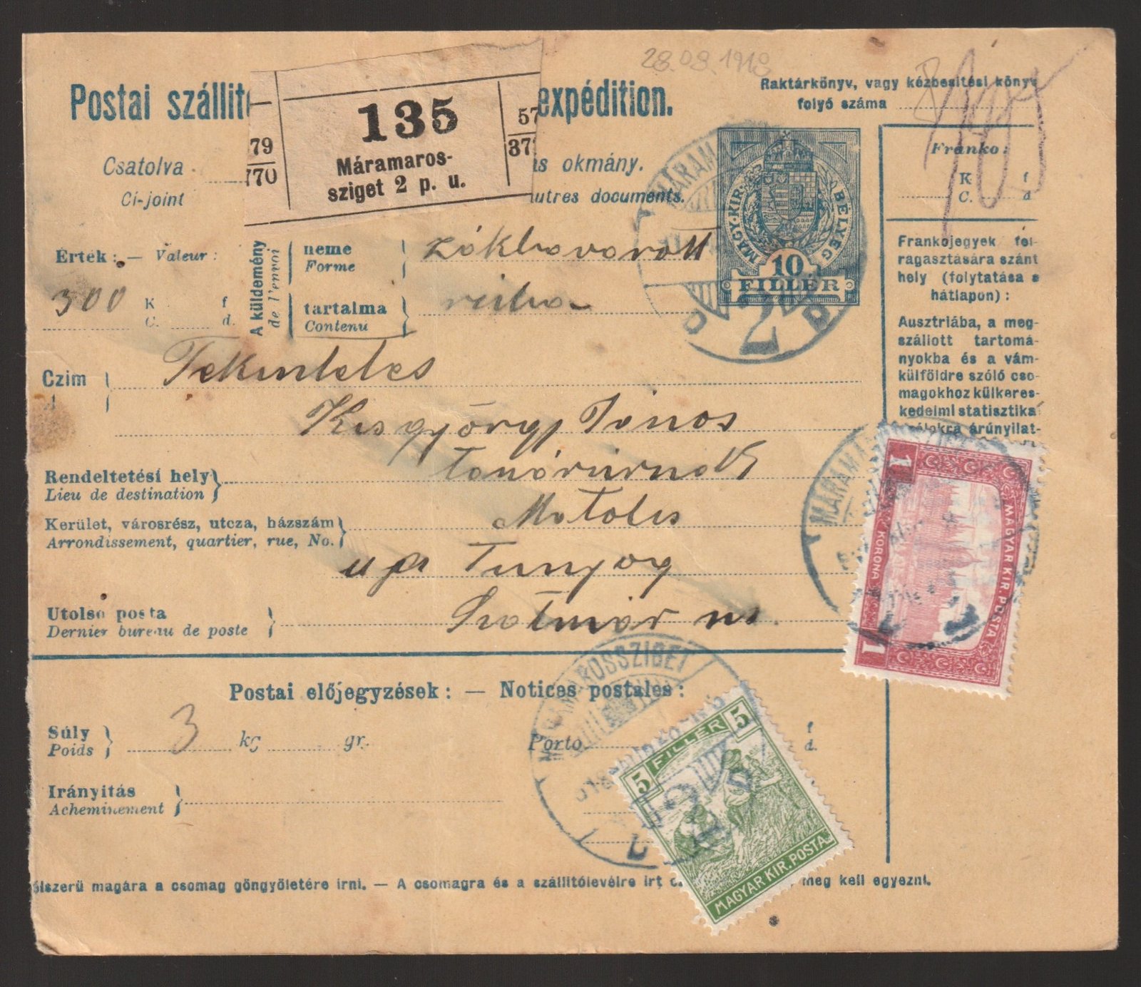 1918. Máramarossziget (kék bélyegzéssel) Tunyosra feladott kétnyelvű szállítólevél