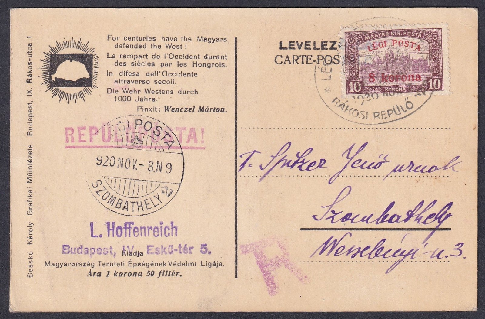 1920. Budapest elsőnapi alkalmi bélyegzéssel, Szombathelyre feladott légiposta képeslap