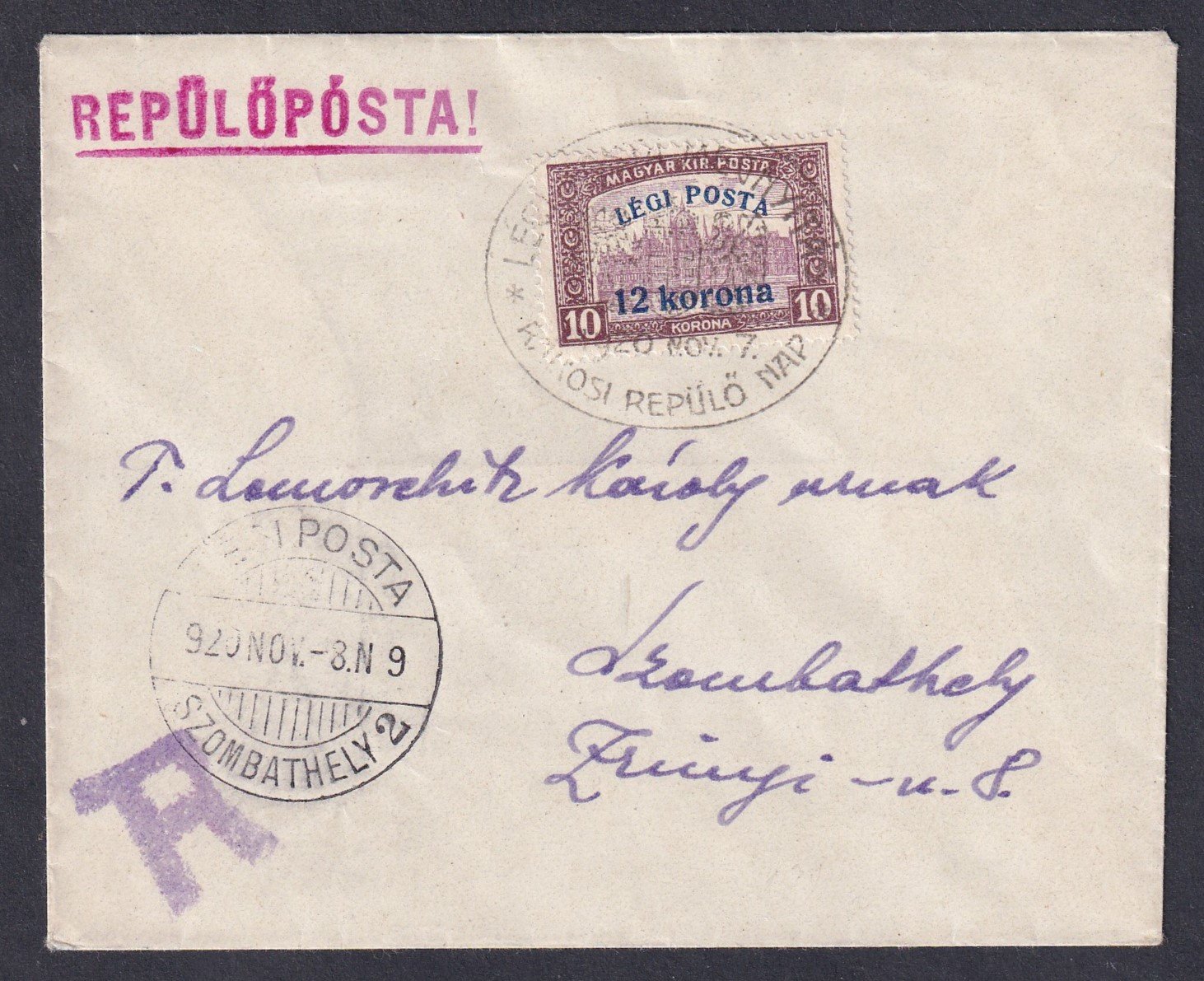 1920. Budapest elsőnapi alkalmi bélyegzéssel, Szombathelyre feladott légiposta levél