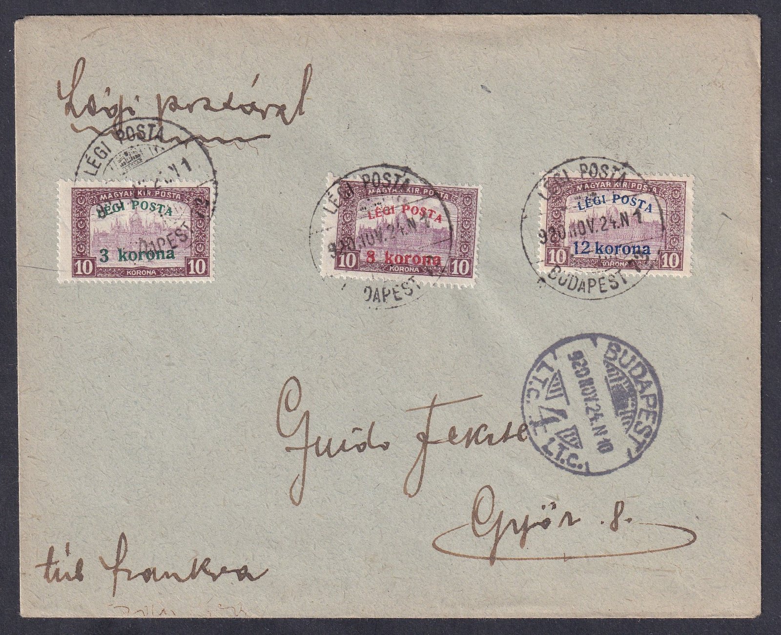 1920. Légi posta teljes sor légi levélen Győrbe, érkezési bélyegzéssel