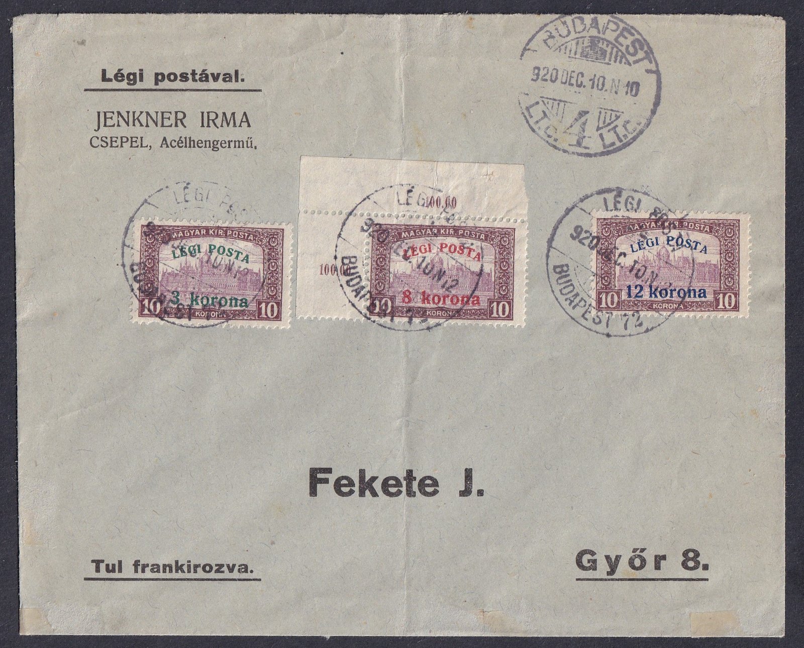 1920. Győrbe feladott légiposta levél (teljes sorral)