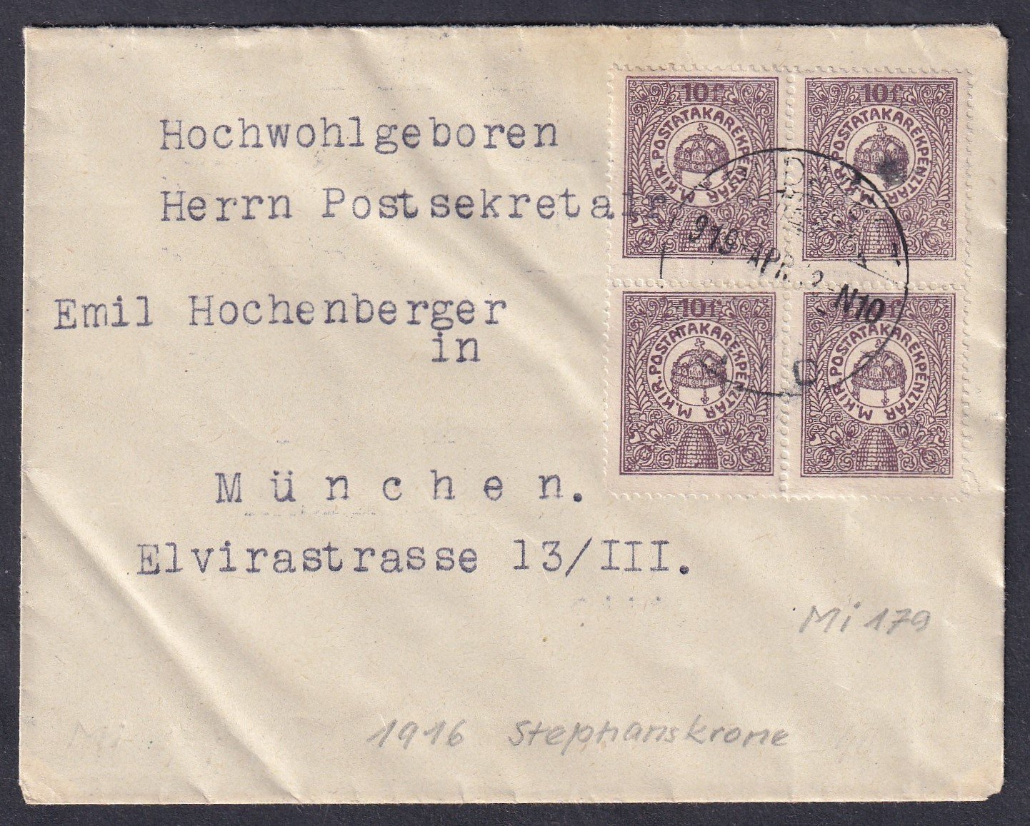 IMG_20251208_0011.1 1919. Budapest, Münchenbe feladott levél, a díjlerovás (1916. Postatakarékpénztári bélyeg) szükség-bérmentesítéssel - MBK 300 pont++