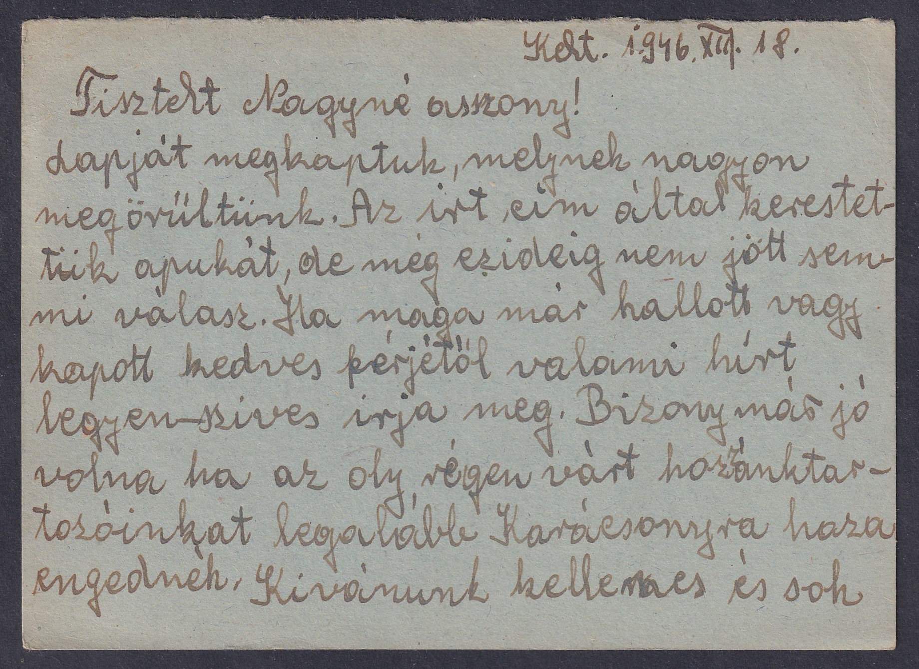 1946. Kiskunhalas, Hódmezővásárhelyre feladott levelezőlap - "Tábori Postai Válaszlevelezőlap Légipostavál" -polgári felhasználásban