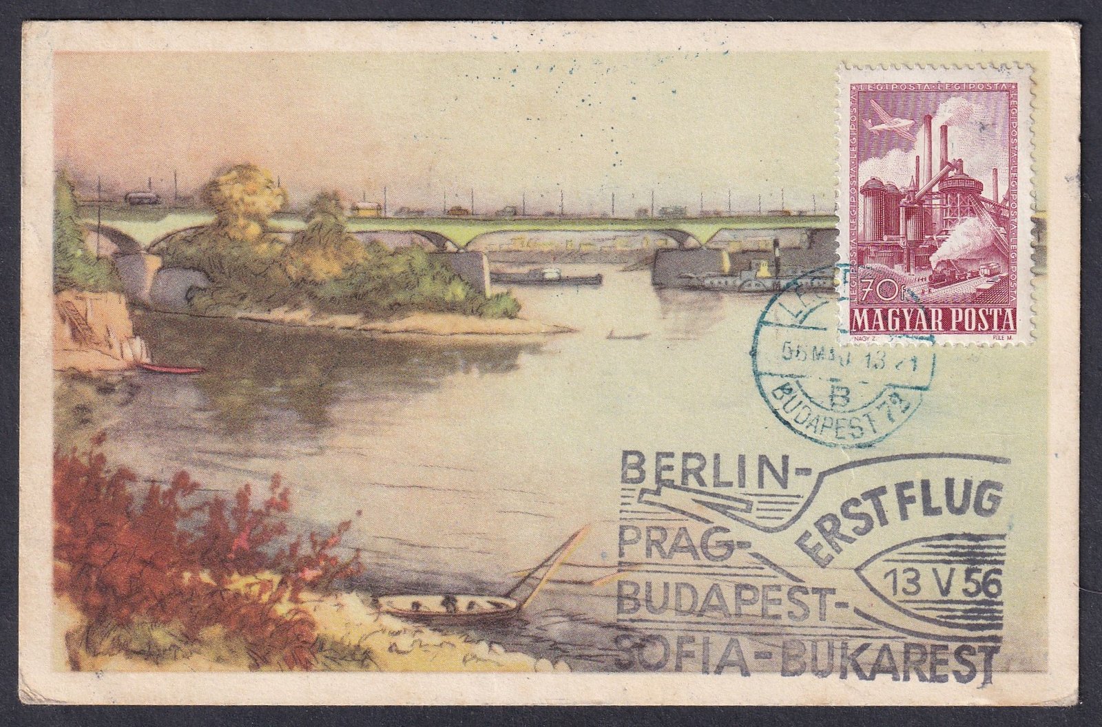 1956. Berlinbe feladott ajánlott-légiposta képeslap "Sztálin híd" képelapon