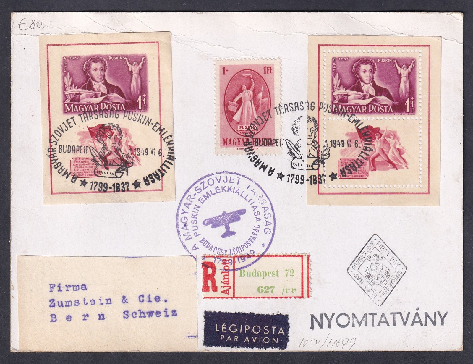 IMG_20251209_0007 1949. Puskin blokk pár + bélyeg (Emléklap) - Svájcba feladott ajánlott légiposta nyomtatványként - Magyar-Szovjet légitársaság bélyegzéssel