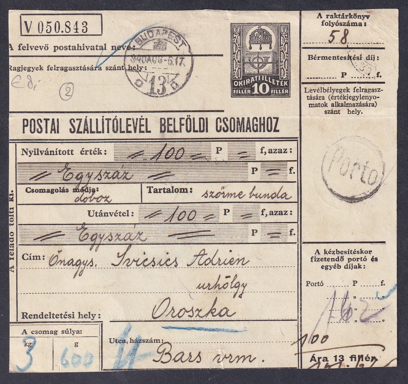 IMG_20251209_0009 1940. érdekes szállítólevél 16,2 Pengó portóval