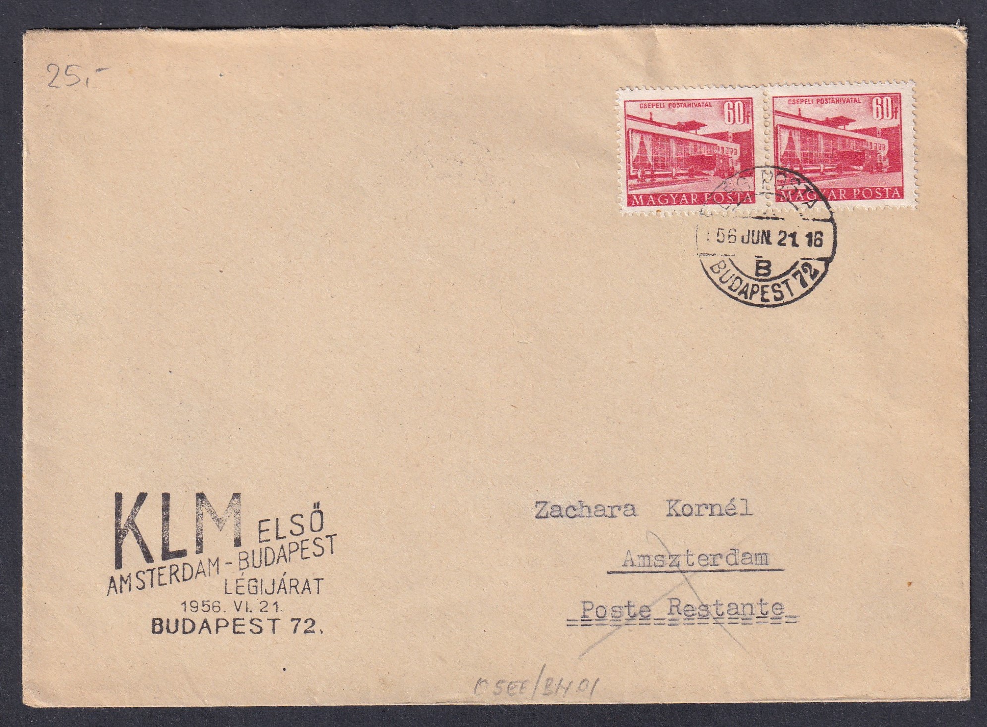 1956. Budapest, Amszterdam (Hollandia)-ba feladott levél - KLM első Amszterdam-Budapest járat bályegzéssel