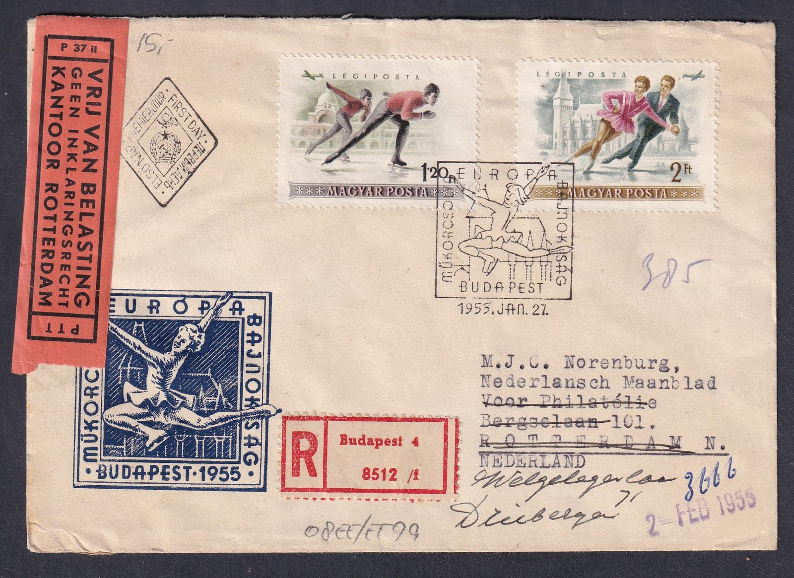 1955. Hollandiába feladott vámkezelt ajánlott boríték, kiemelkedően jó sport motívum darab!