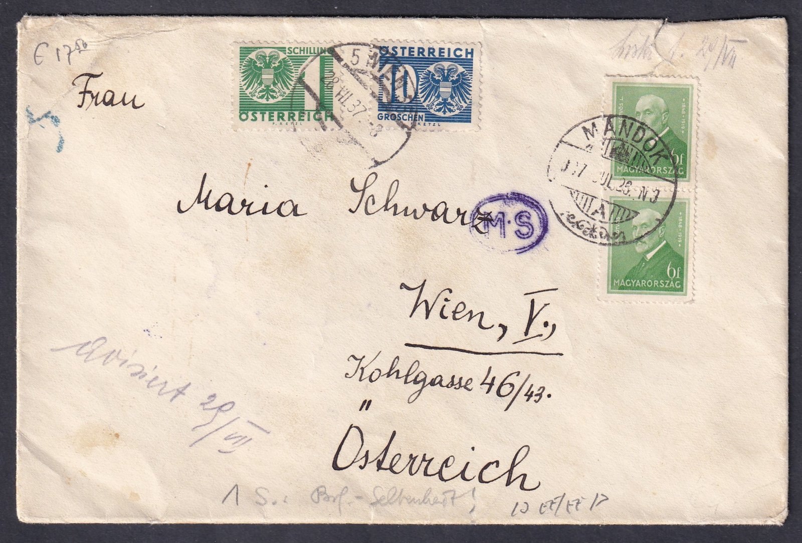 1937. Mándok, Ausztriába feladott levél 1,10 Schilling portóval