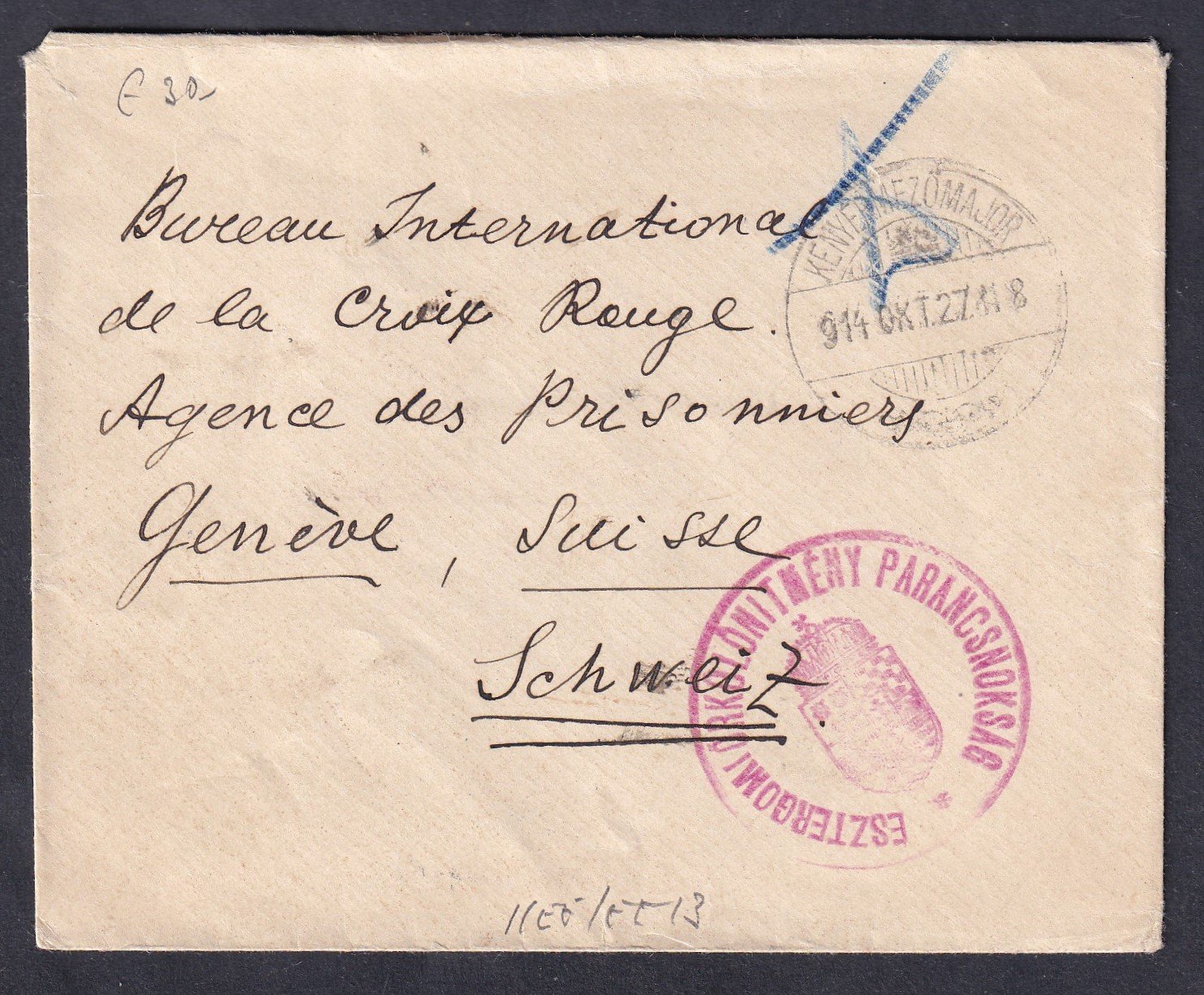 1914. Cenzúrázott, portómentes boríték Genfbe, a Vöröskereszt Hadifogoly Bizottságához. A hadifogoly- és Vöröskereszt-levelezés a genfi egyezmények értelmében díjmentes volt; a kék „X” jelzés is ezt jelzi mint postai jóváhagyás