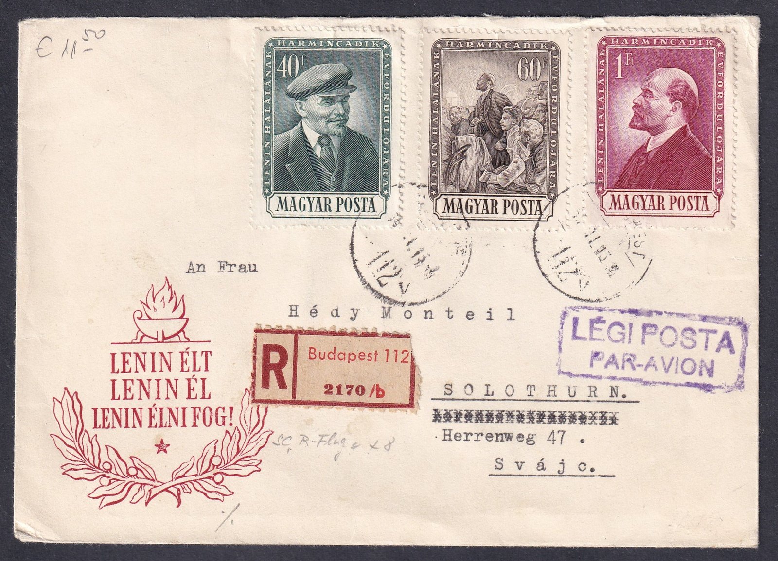 IMG_20251209_0019 1951. Svájcba feladott, ajánlott légipostai küldemény, FDC-alapú borítékon, díjkiegészítéssel, valós postai forgalomban használva