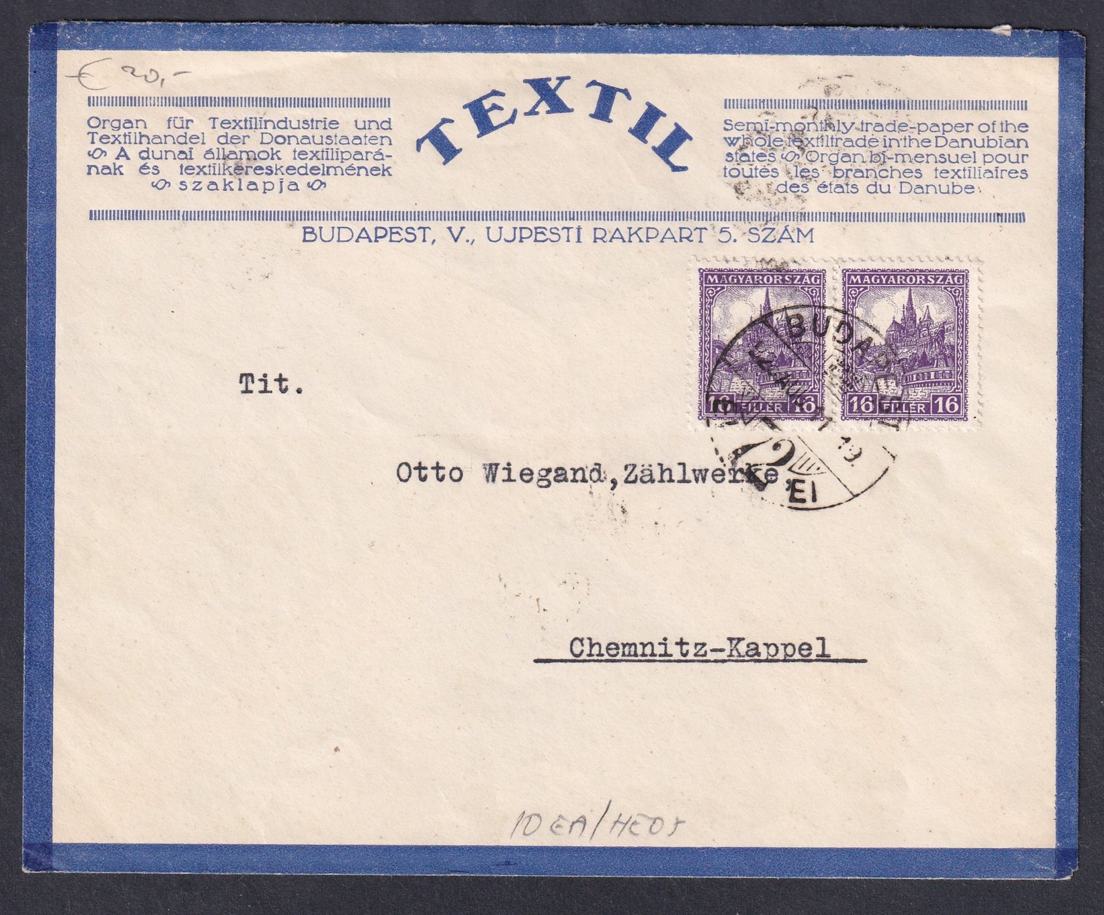 1926. Budapest, Chemnitz (Németország)-ba feladott céges boríték