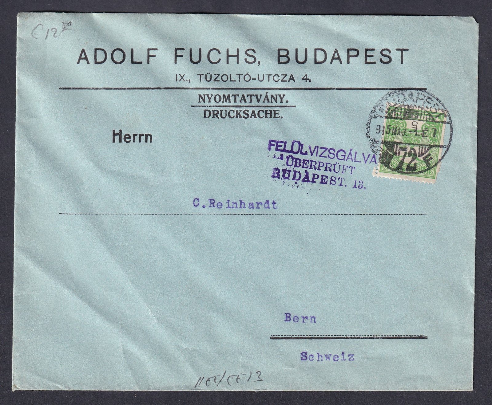 1915. Svájcba feladott nyomtatvány boríték - levélzáró pecsét bélyeggel