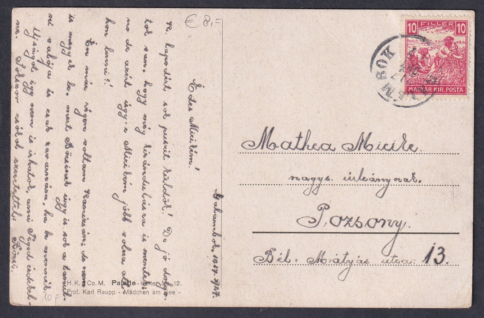 1917. GALAMBOK, Pozsonybe feladott képeslap