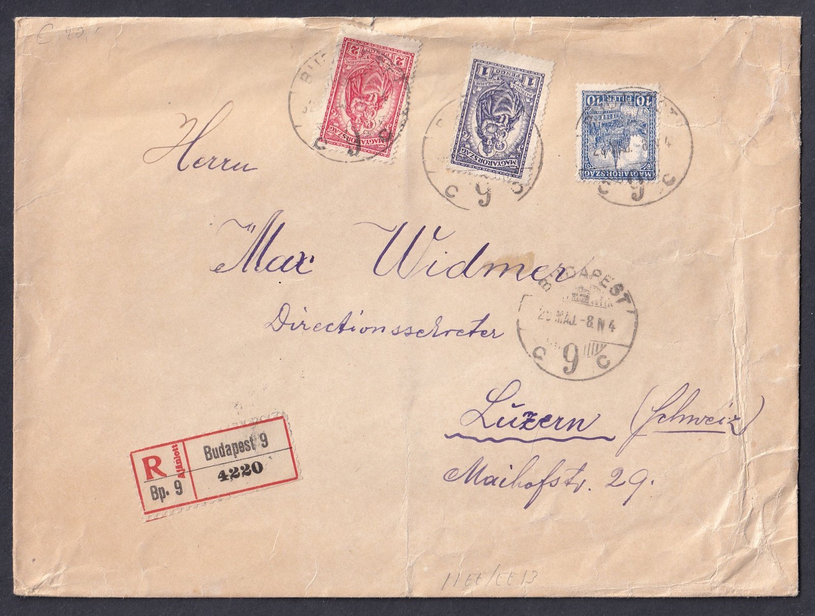 1927. Budapest, Svájcba feladott ajánlott levél