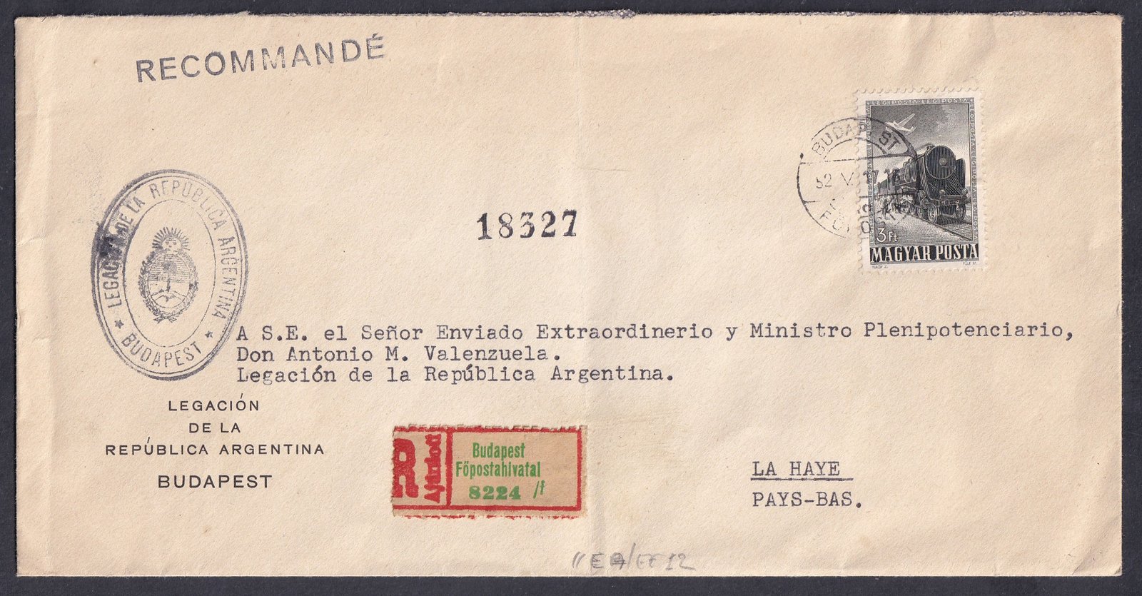 1952. La Haye (Hága), Hollandia-ba feladott ajánlott diplomácia levél - Argentin Köztársaság követség-től