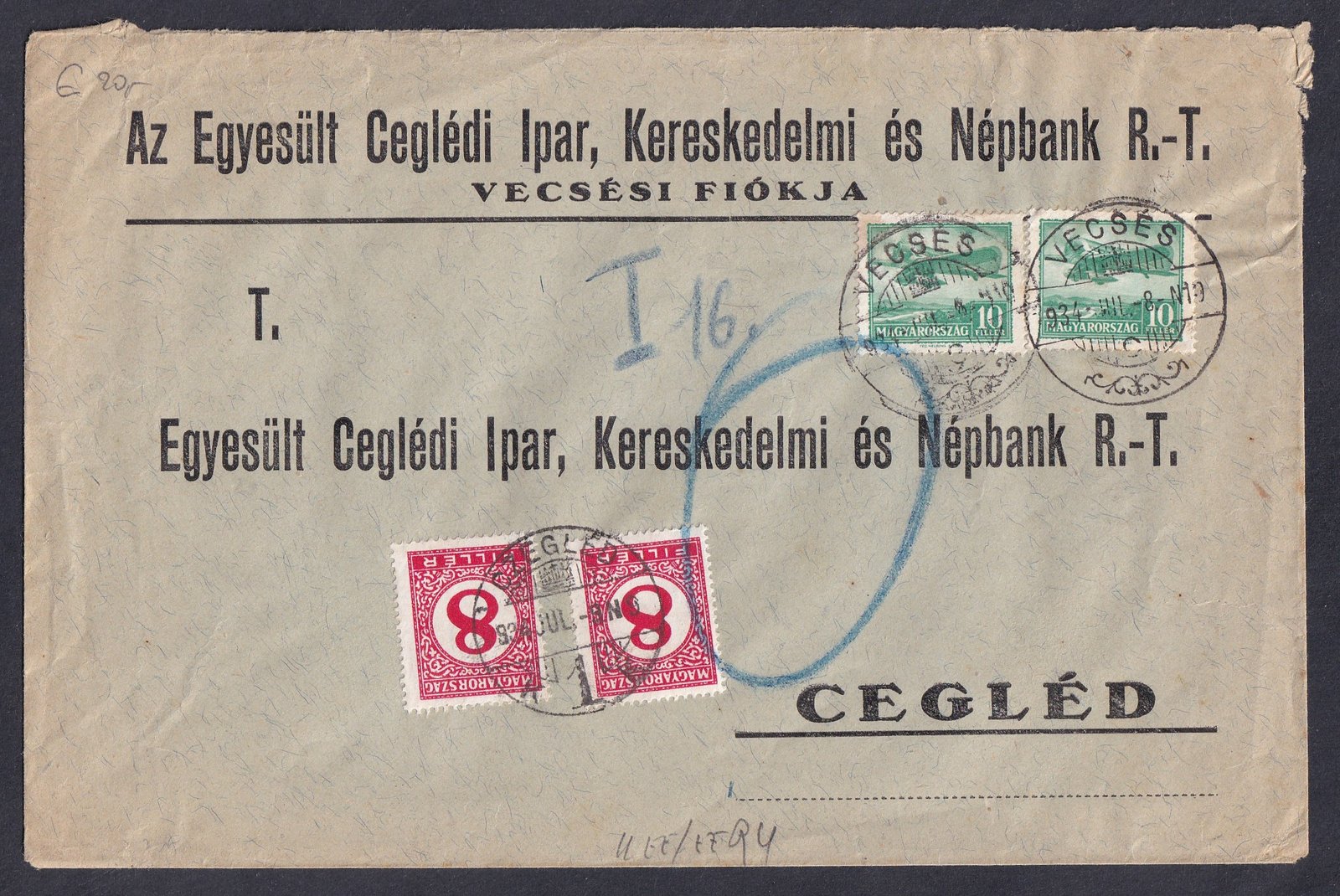 1934. Vecsés, Ceglédre feladott portós levél