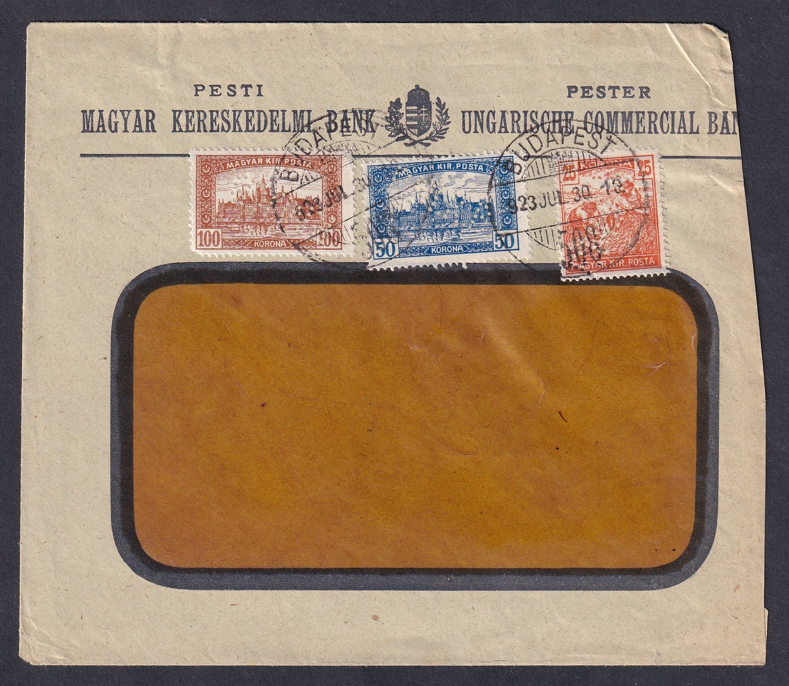 1923-as ablakos boríték a 7. díjszabás szerint, 175 K díjtétellel (I. súlyfokozatú, kedvezményes külföldi tarifával), 3 db „P.M.K.B.” perfin bélyeggel